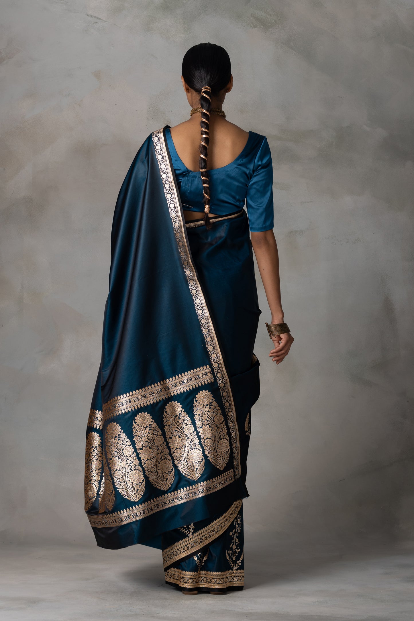Teal Blue Banarasi Silk Saree with Gold Zari Work