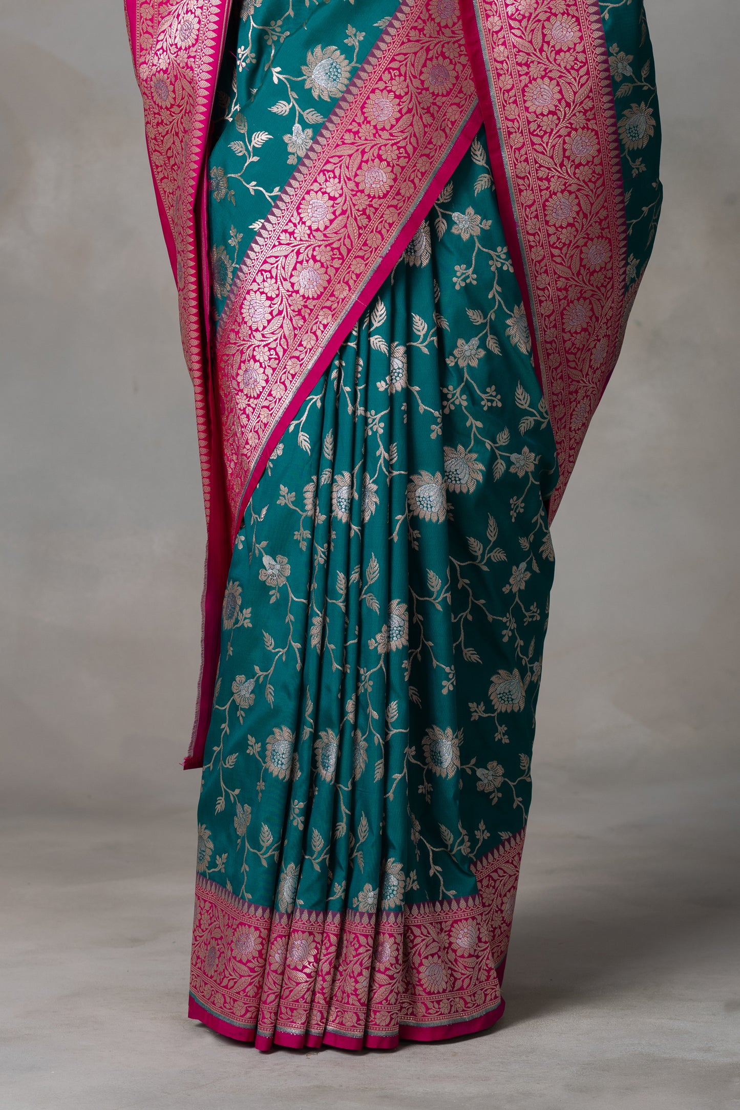Navy Blue Banarasi Silk Saree with Multicolor Floral Zari and Pink Border