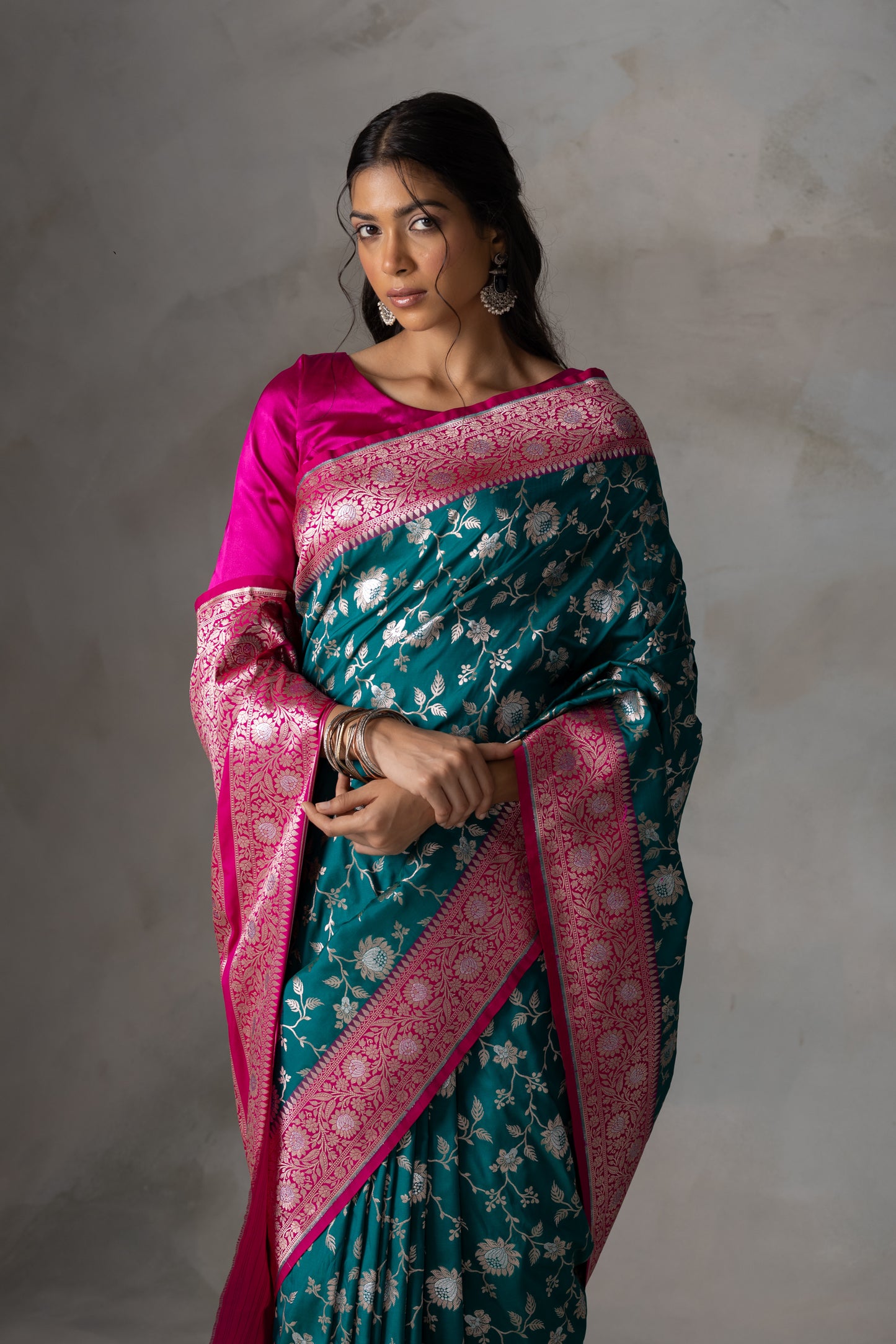 Teal and Rani Pink Banarasi Silk Saree with Gold & Silver Zari Work