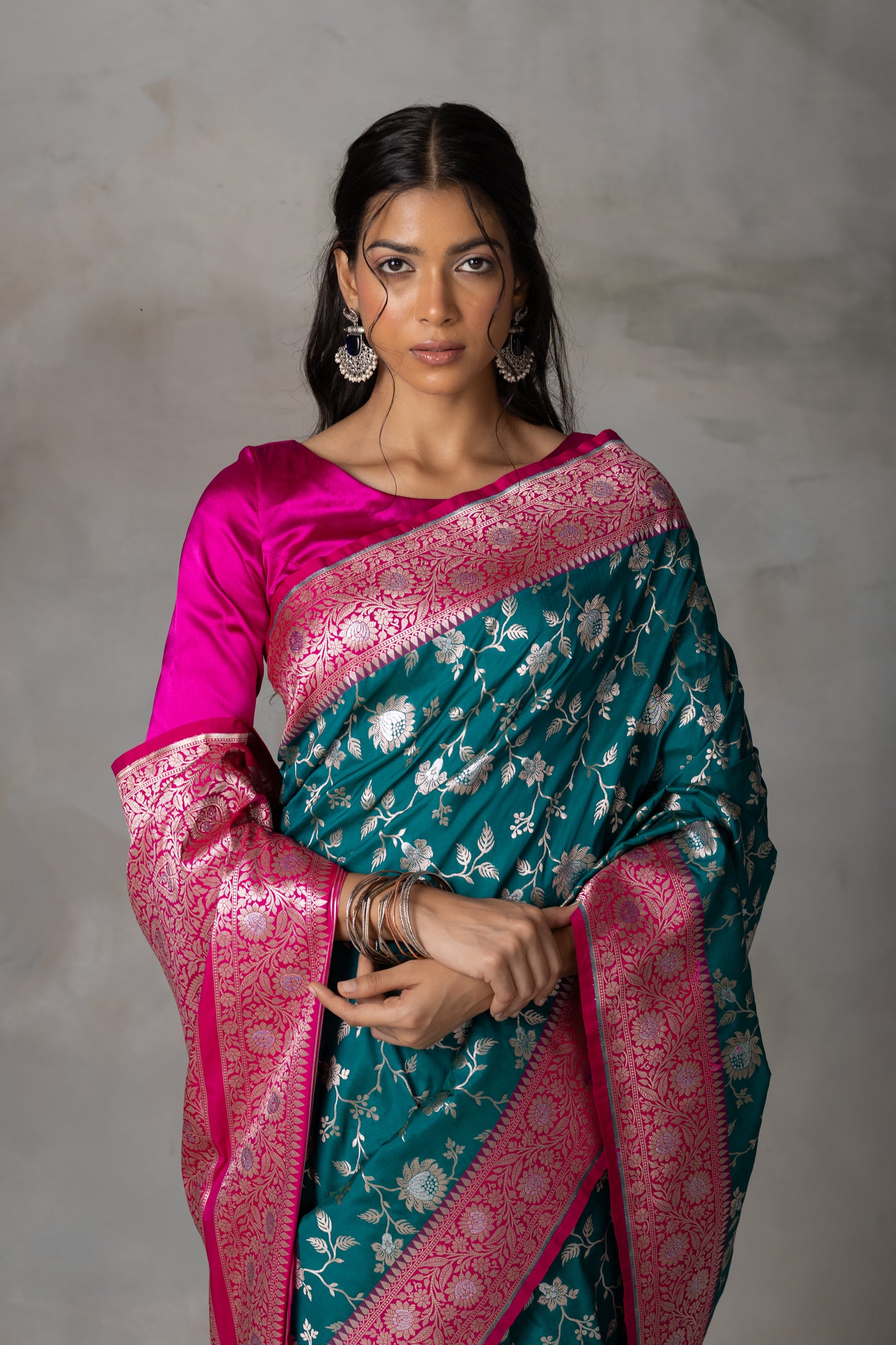Teal and Rani Pink Banarasi Silk Saree with Gold & Silver Zari Work