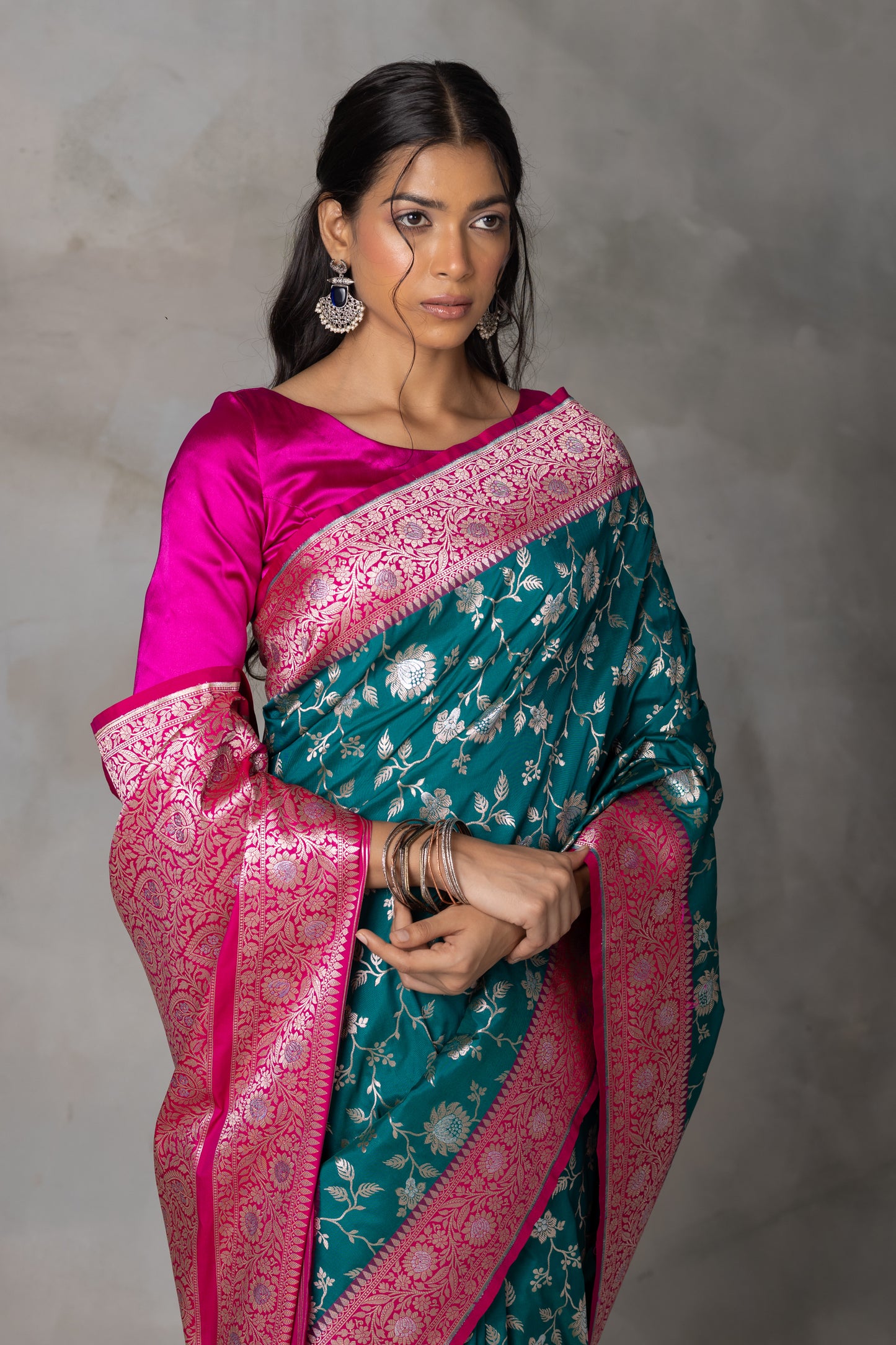 Navy Blue Banarasi Silk Saree with Multicolor Floral Zari and Pink Border