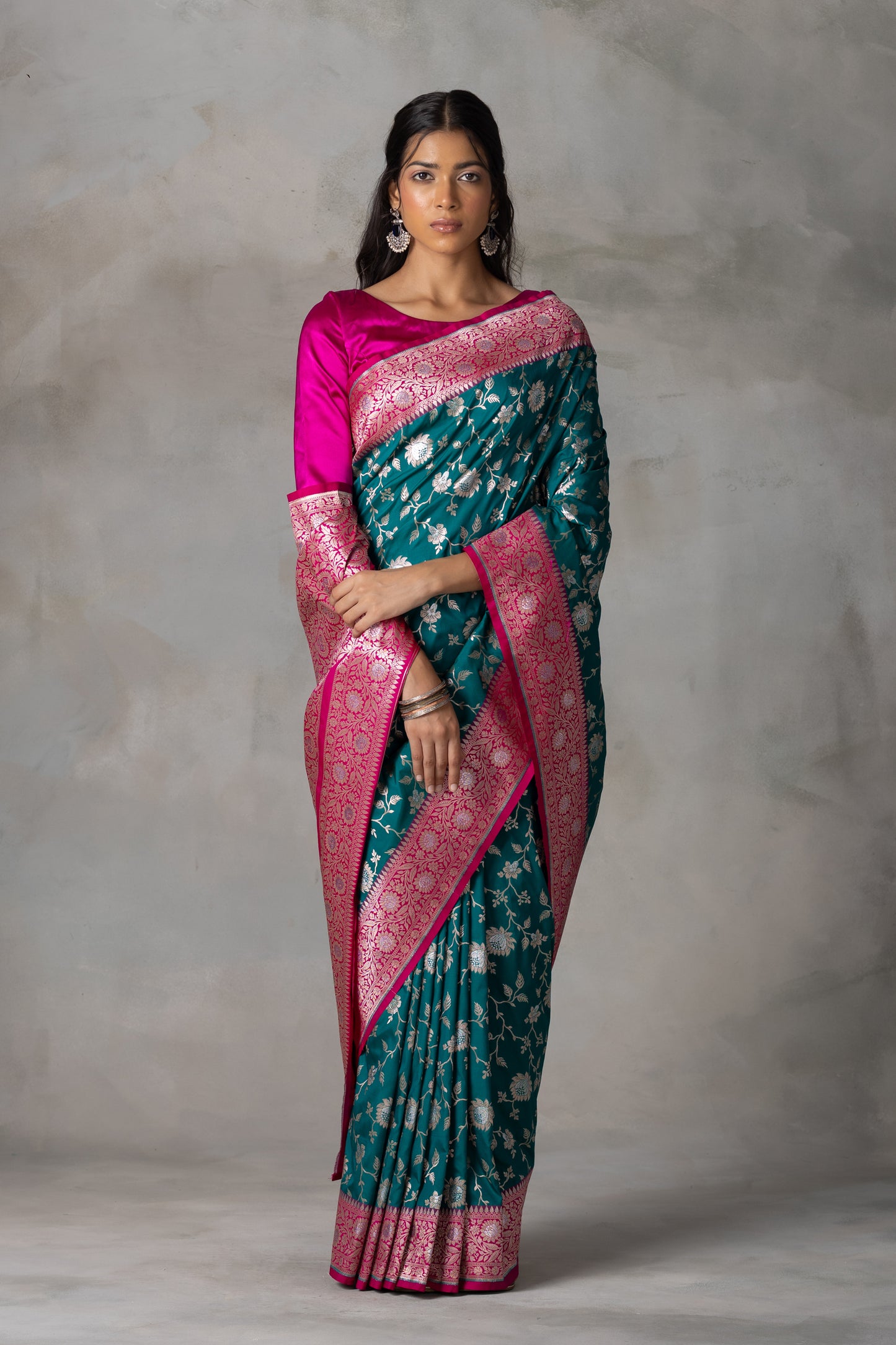 Teal and Rani Pink Banarasi Silk Saree with Gold & Silver Zari Work
