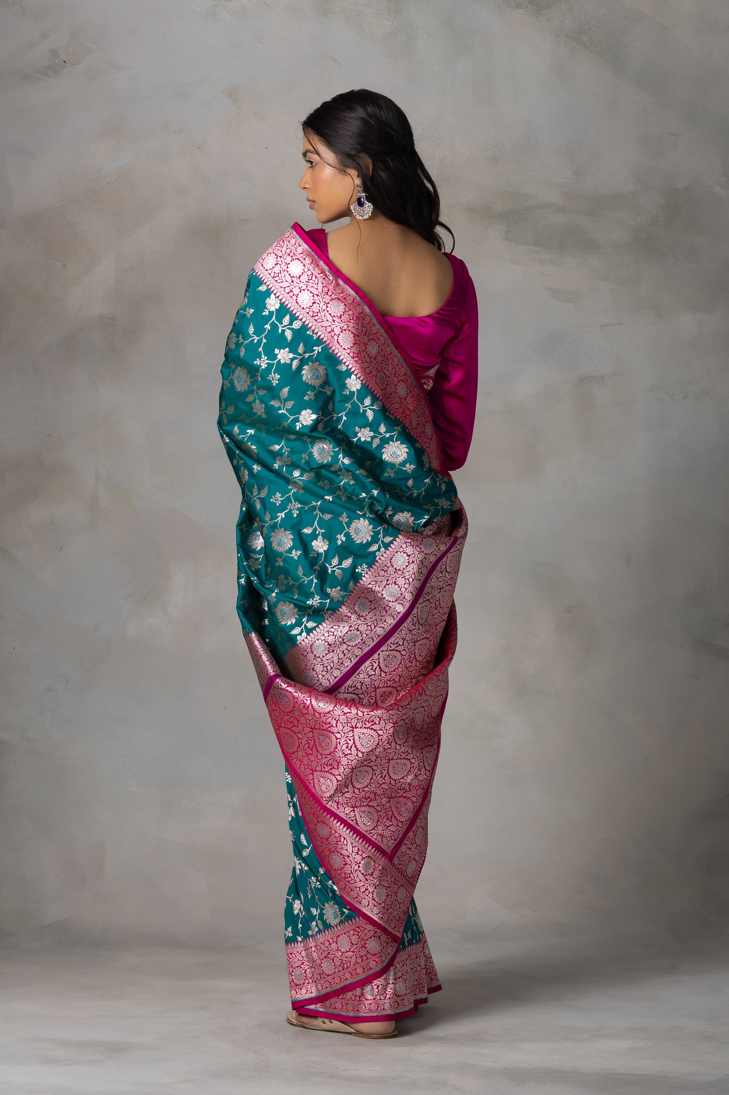 Teal and Rani Pink Banarasi Silk Saree with Gold & Silver Zari Work