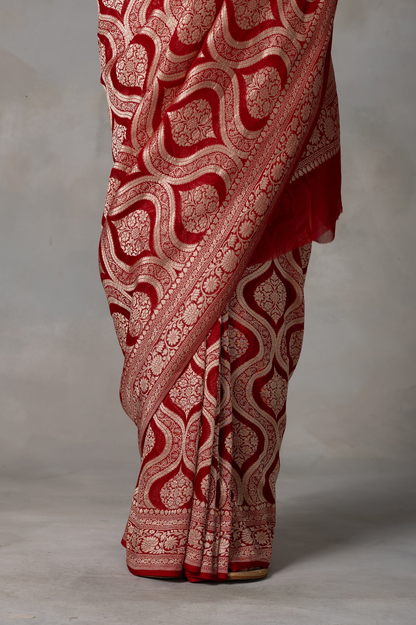 Classic Red Banarasi Georgette (Chiffon) Saree with Golden Zari Weaving