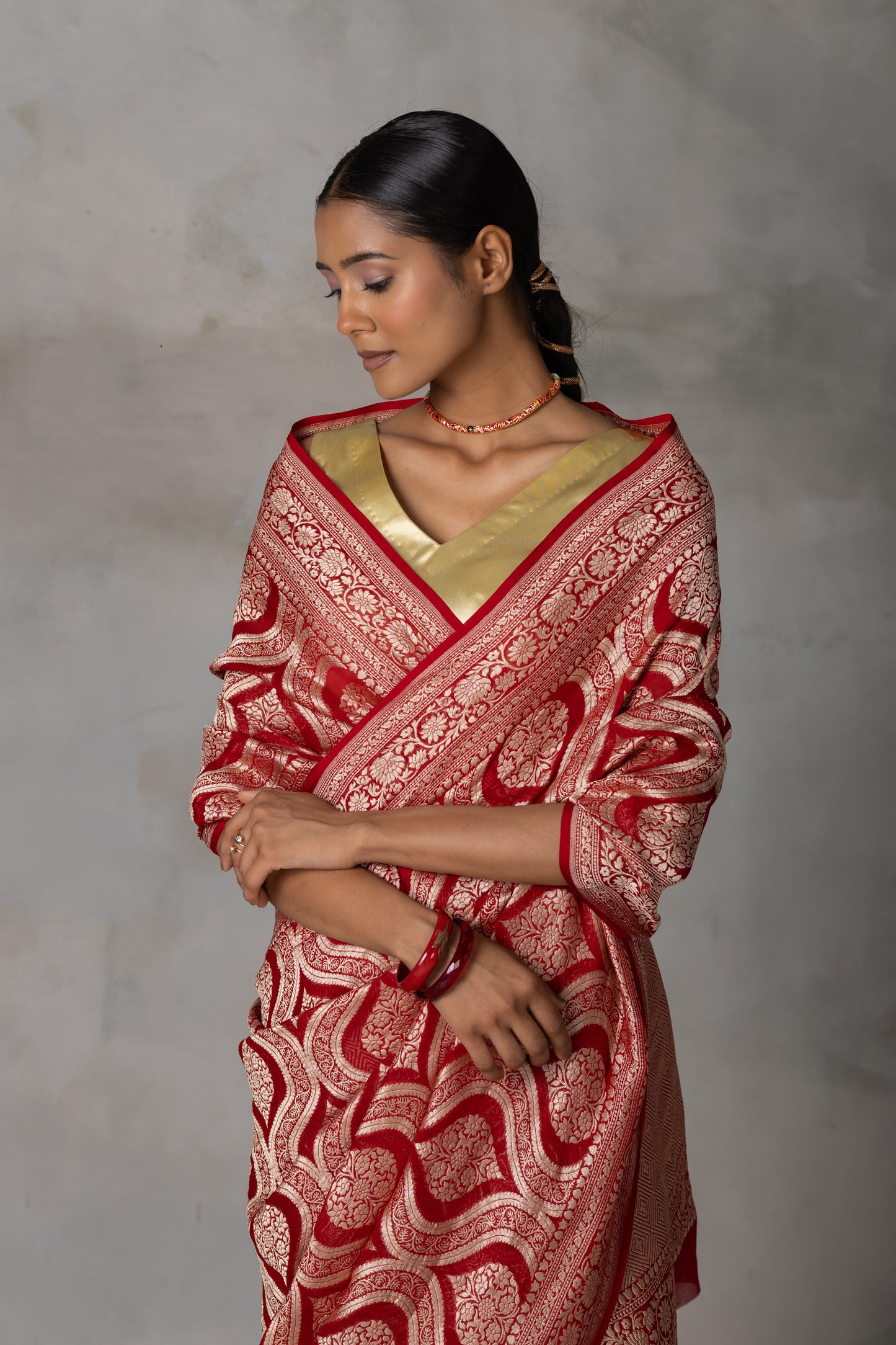 Classic Red Banarasi Georgette (Chiffon) Saree with Golden Zari Weaving