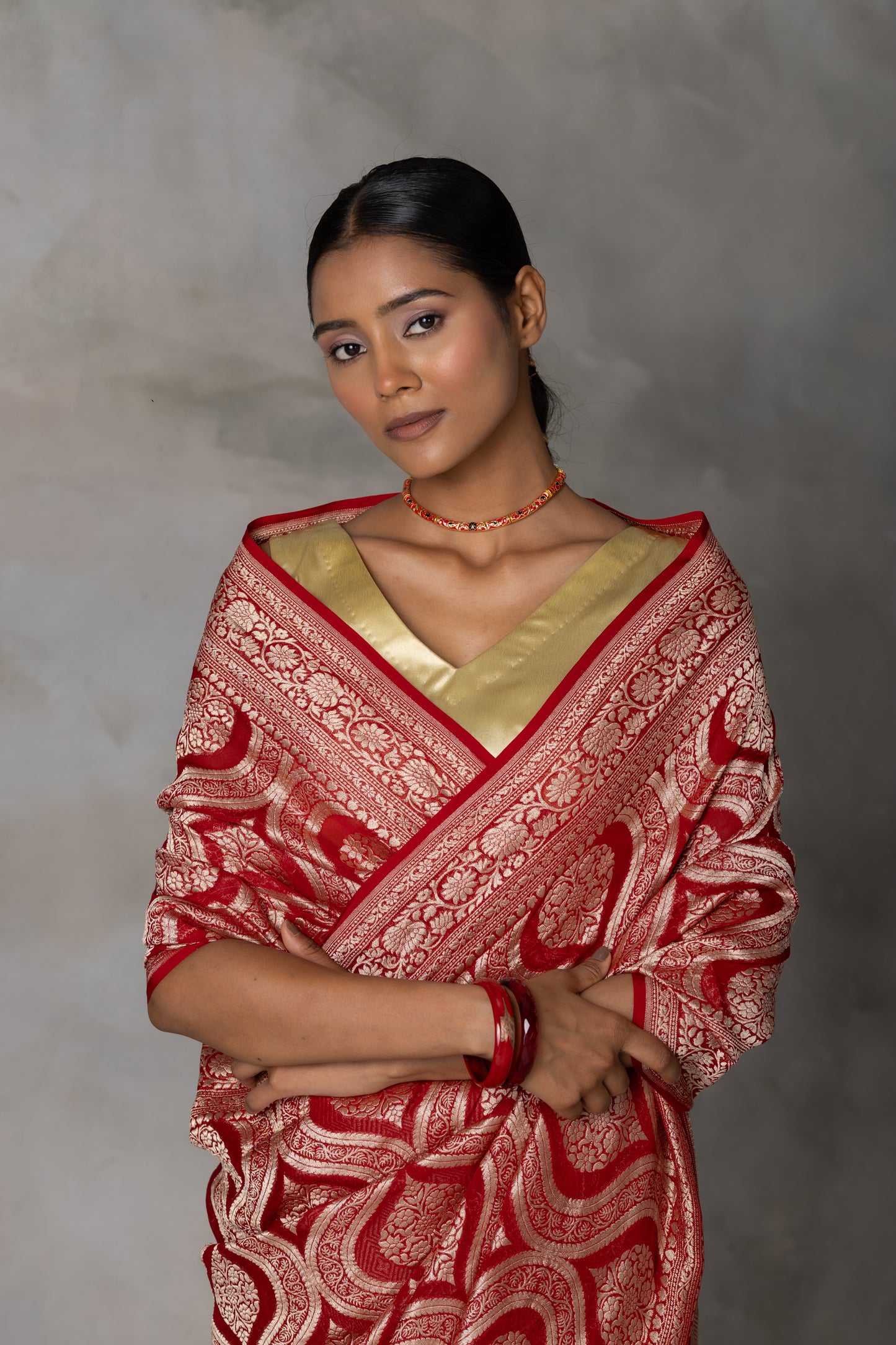 Classic Red Banarasi Georgette (Chiffon) Saree with Golden Zari Weaving