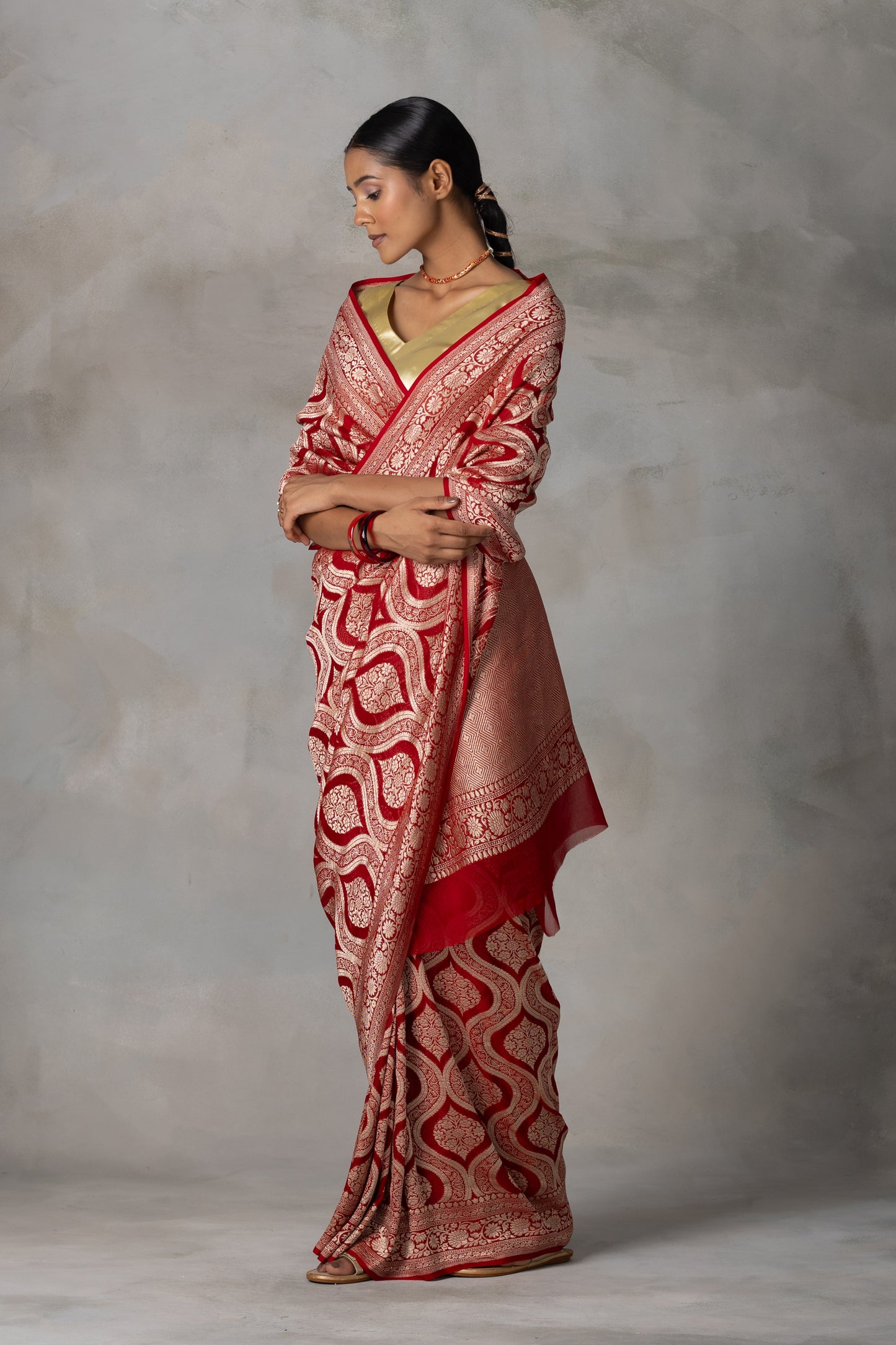 Classic Red Banarasi Georgette (Chiffon) Saree with Golden Zari Weaving