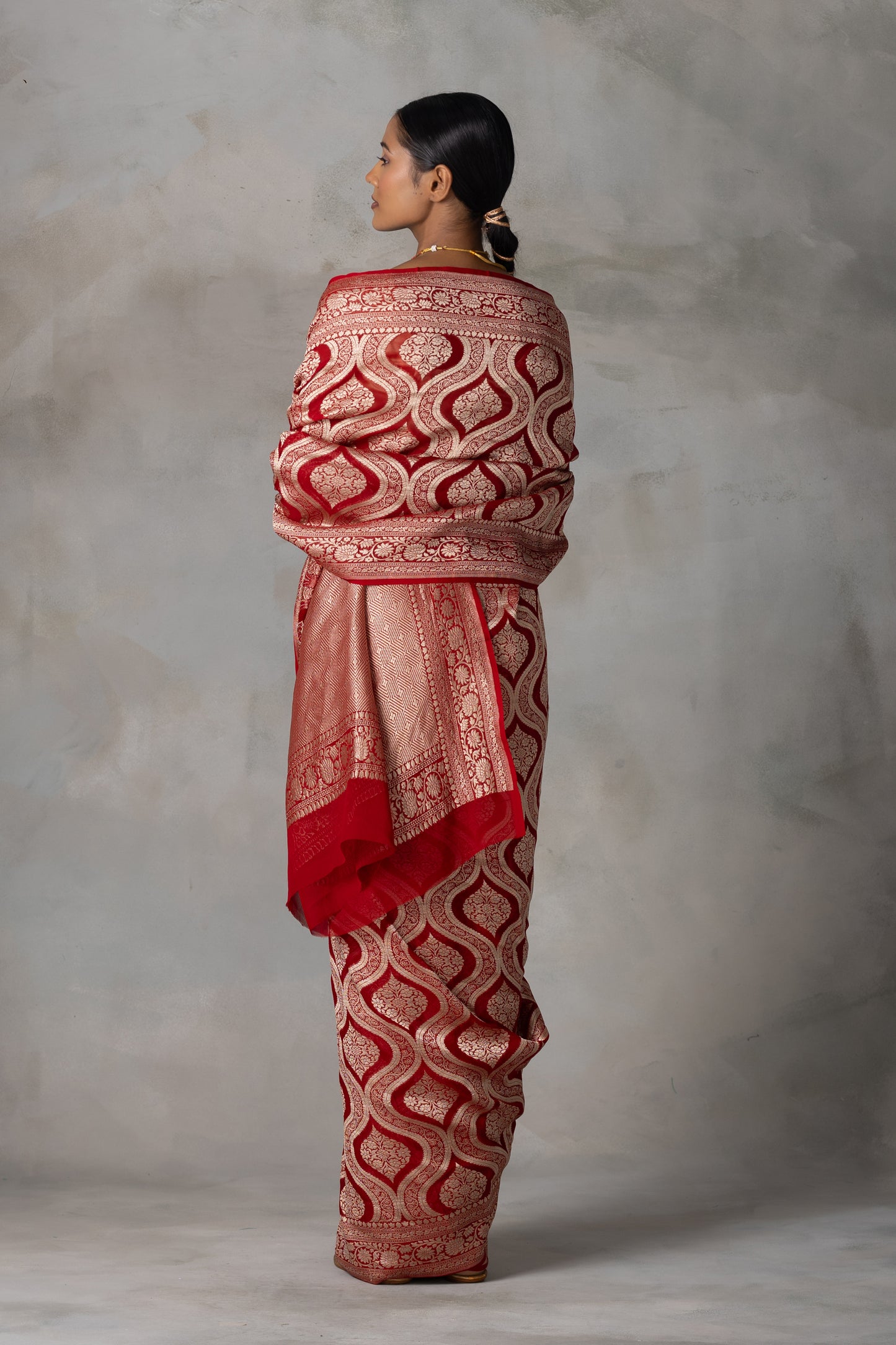 Classic Red Banarasi Georgette (Chiffon) Saree with Golden Zari Weaving