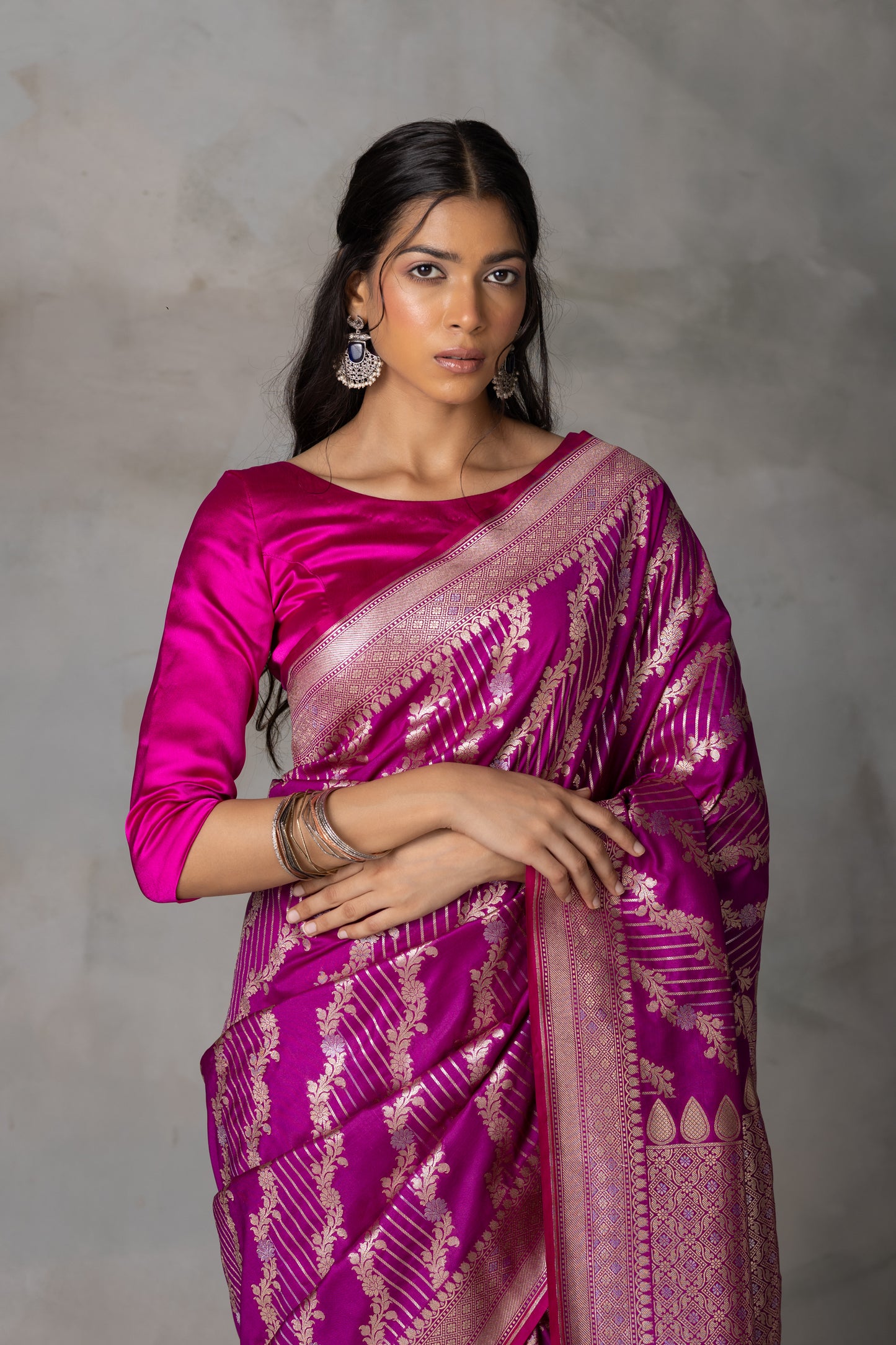 Magenta Banarasi Silk Saree with Gold Zari Weaving