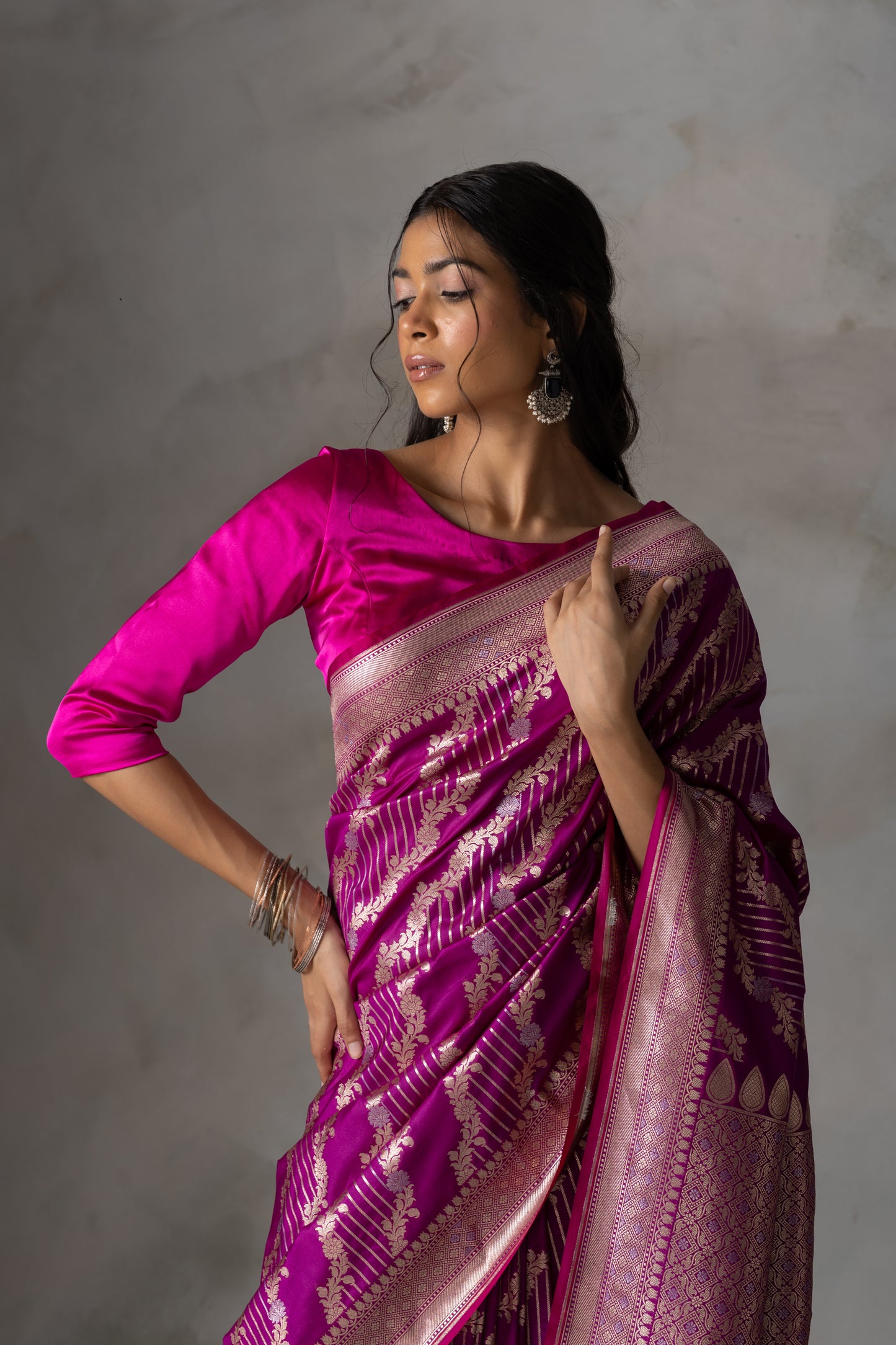 Magenta Banarasi Silk Saree with Gold Zari Weaving