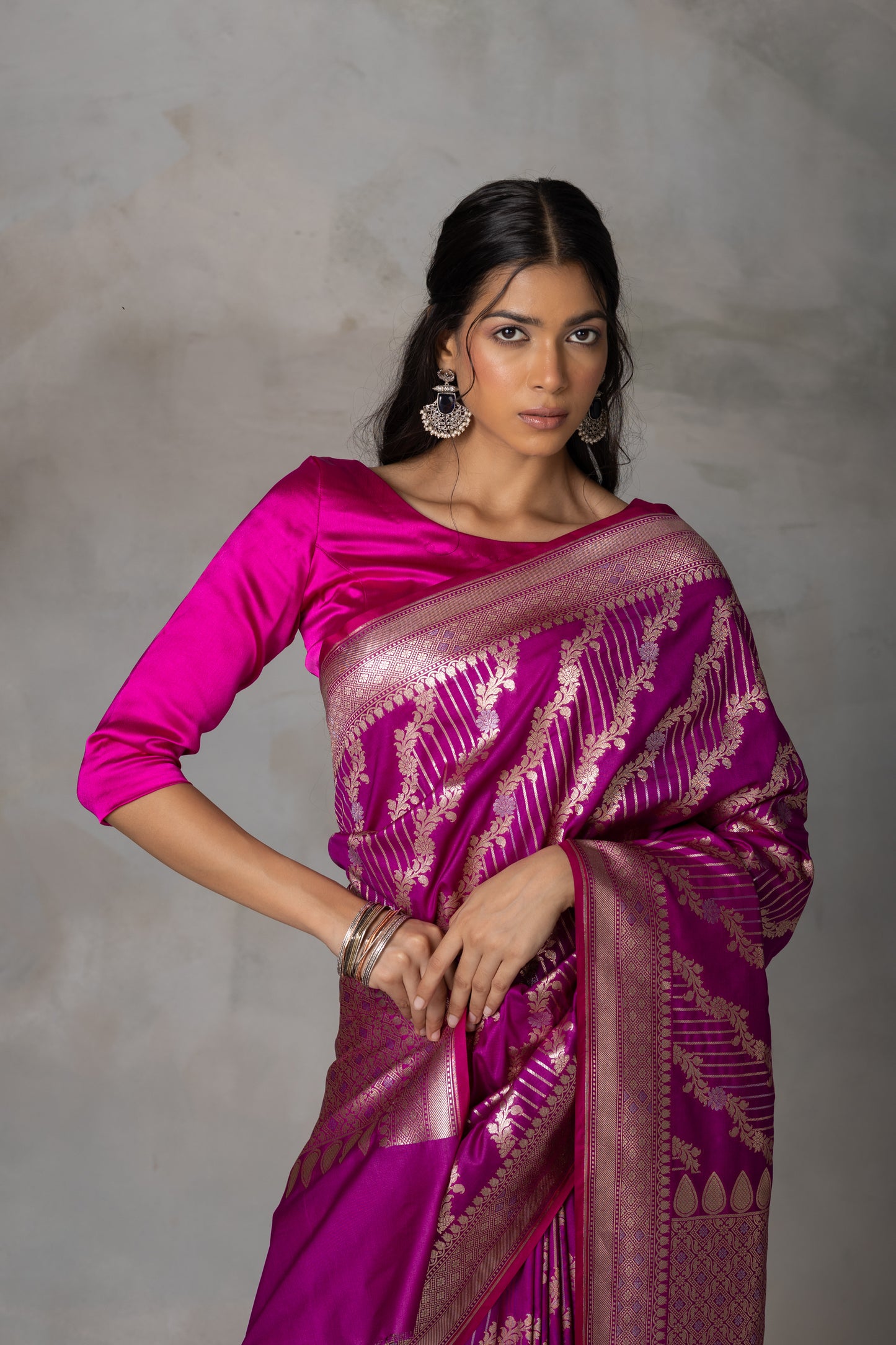 Magenta Banarasi Silk Saree with Gold Zari Weaving