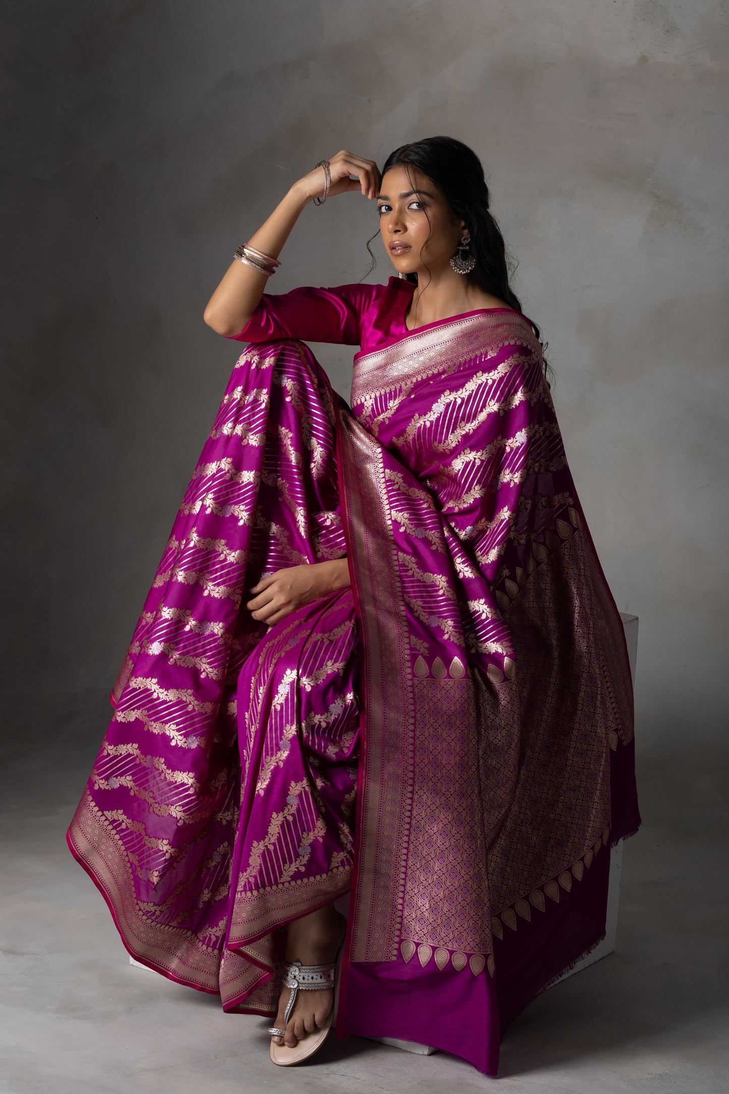 Magenta Banarasi Silk Saree with Gold Zari Weaving