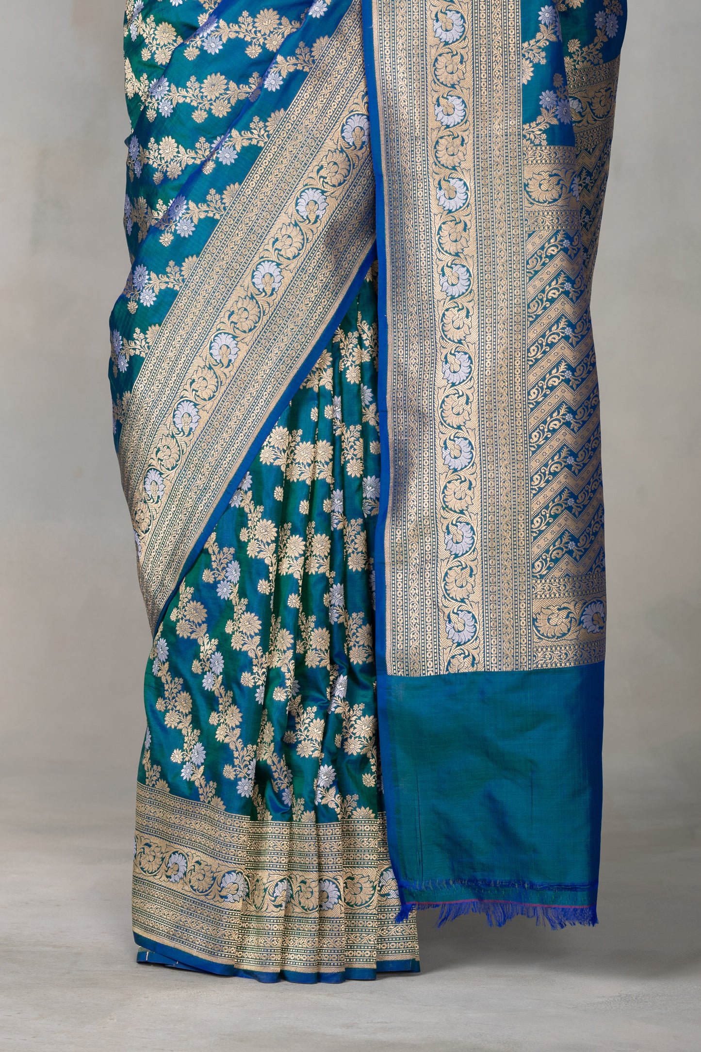 Royal Blue & Emerald Banarasi Silk Saree with Gold & Silver Floral Zari