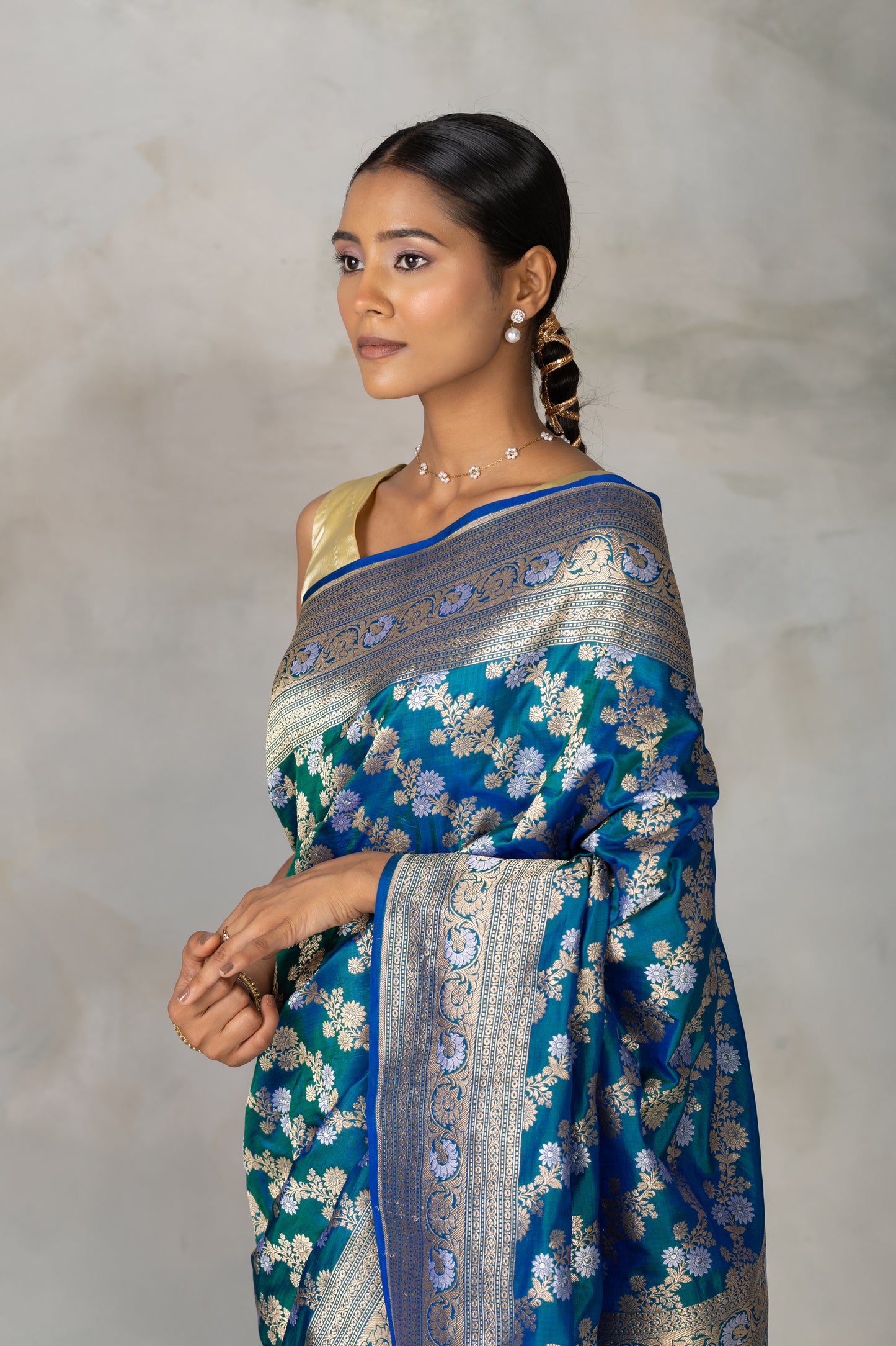 Royal Blue & Emerald Banarasi Silk Saree with Gold & Silver Floral Zari