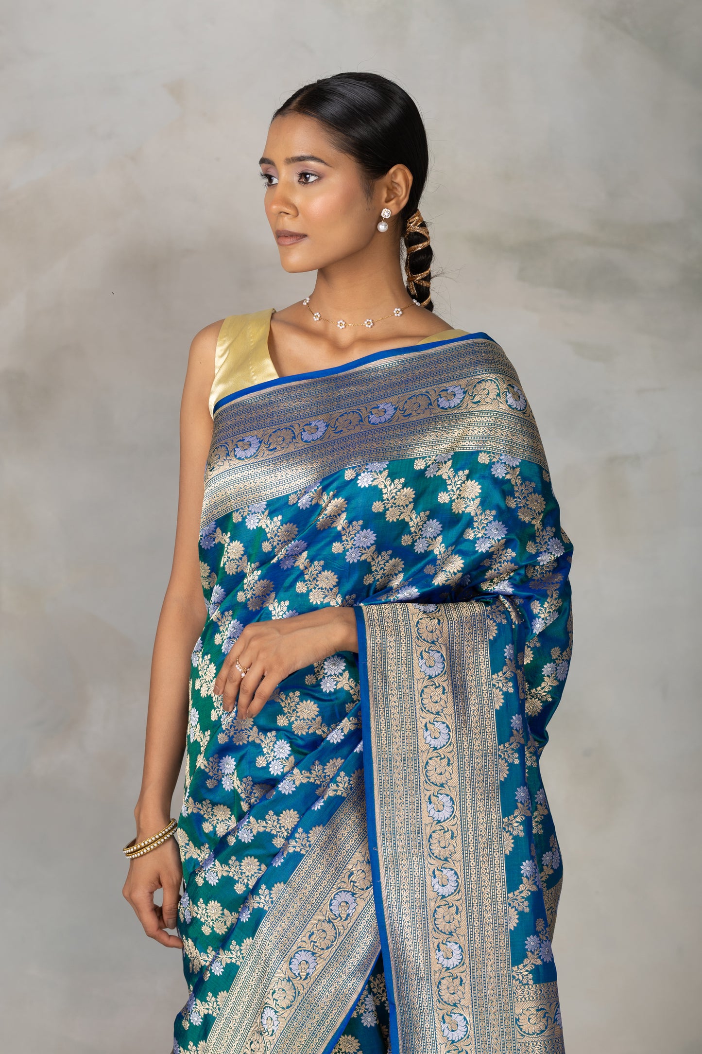 Royal Blue & Emerald Banarasi Silk Saree with Gold & Silver Floral Zari