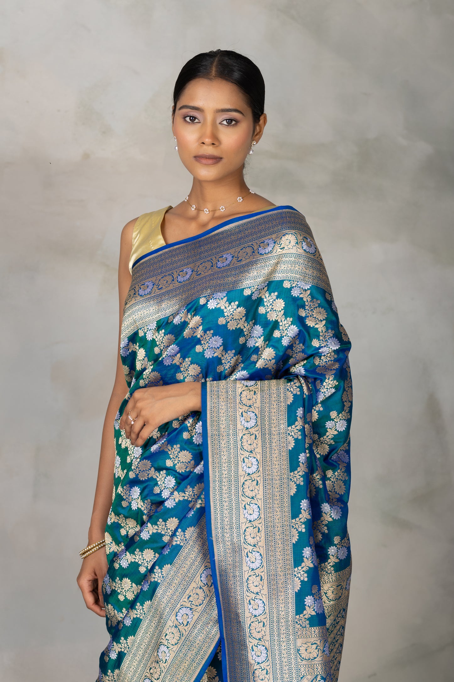 Royal Blue & Emerald Banarasi Silk Saree with Gold & Silver Floral Zari