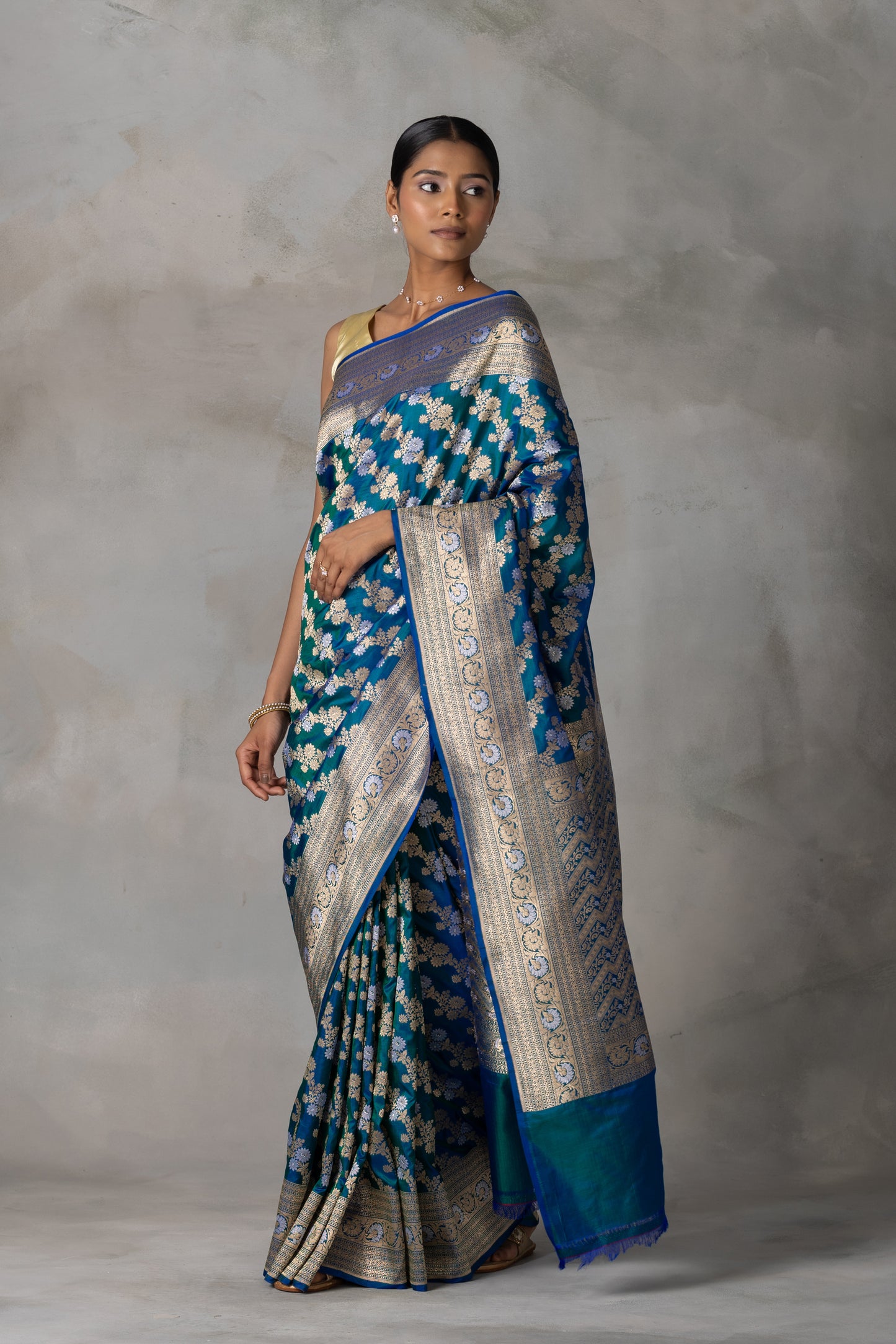 Royal Blue & Emerald Banarasi Silk Saree with Gold & Silver Floral Zari