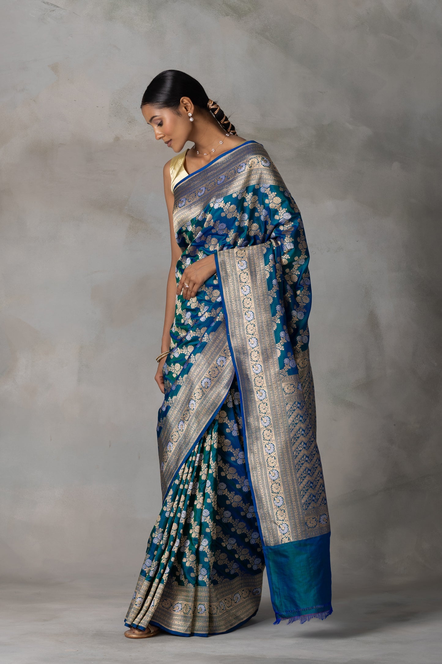 Royal Blue & Emerald Banarasi Silk Saree with Gold & Silver Floral Zari