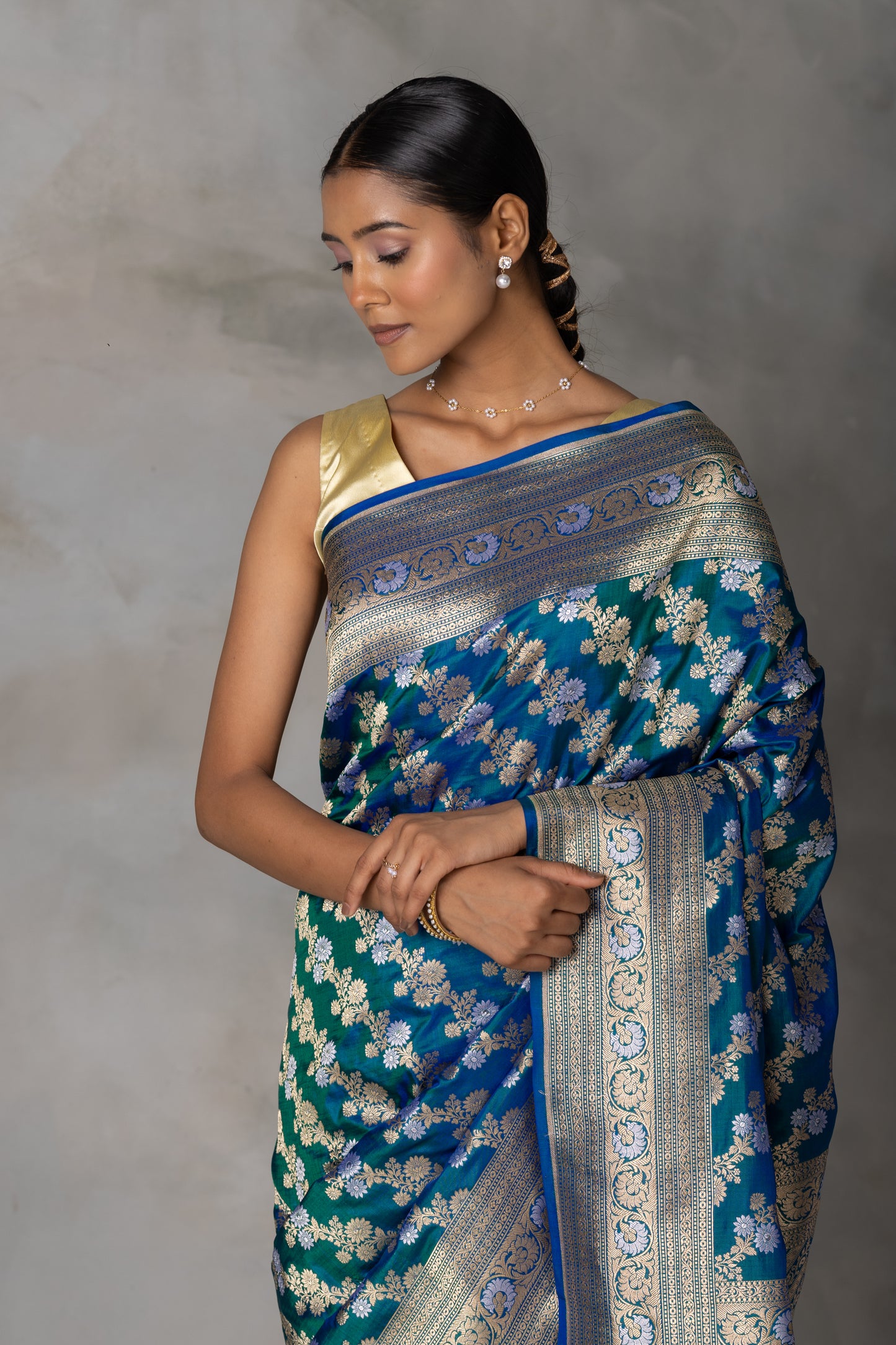 Royal Blue & Emerald Banarasi Silk Saree with Gold & Silver Floral Zari