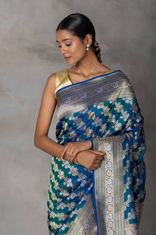 Royal Blue & Emerald Banarasi Silk Saree with Gold & Silver Floral Zari
