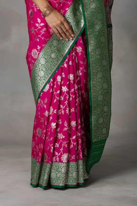 Rani Pink Banarasi Silk Saree with Bottle Green Border & Zari Work