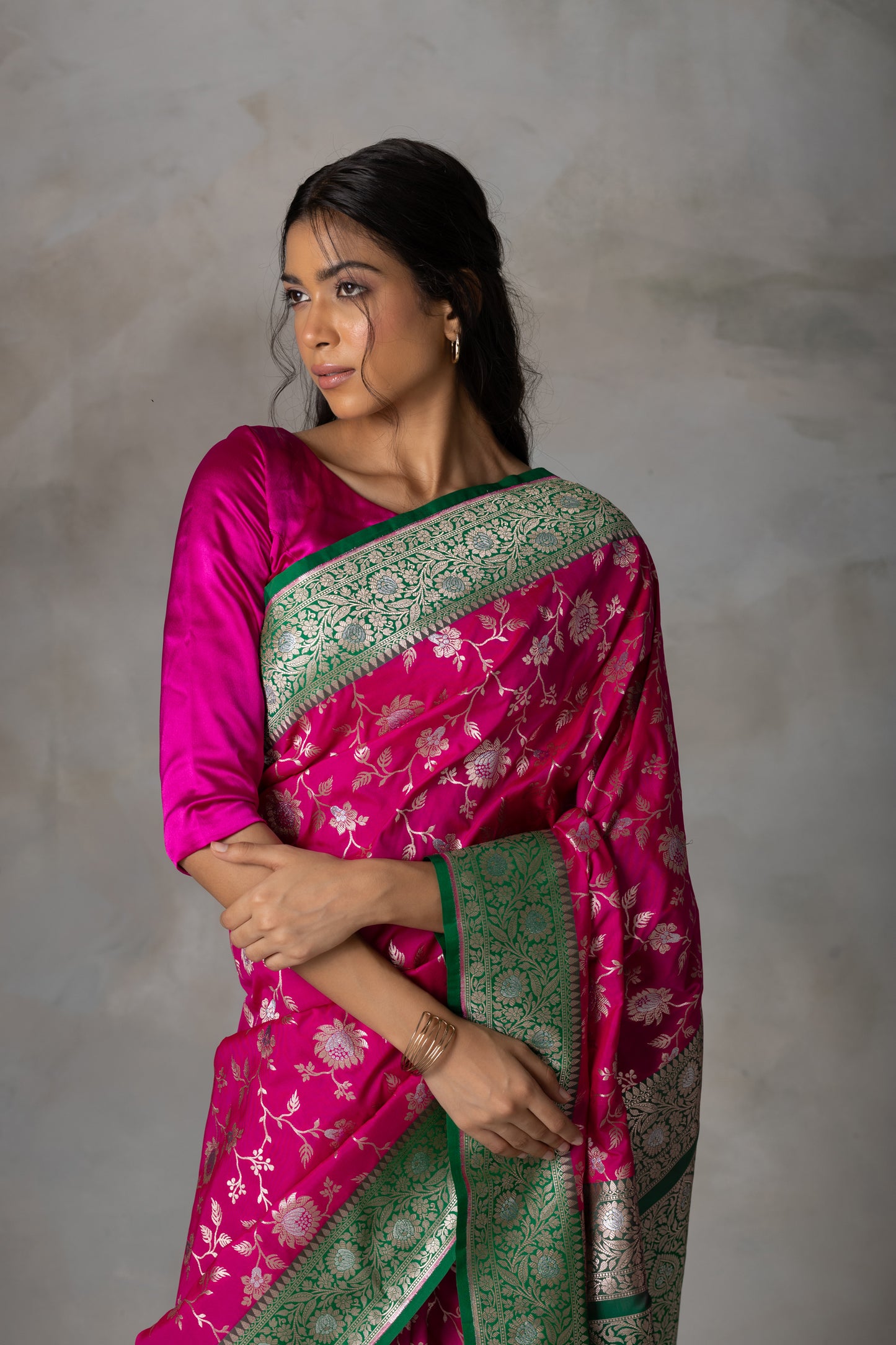 Rani Pink Banarasi Silk Saree with Bottle Green Border & Zari Work