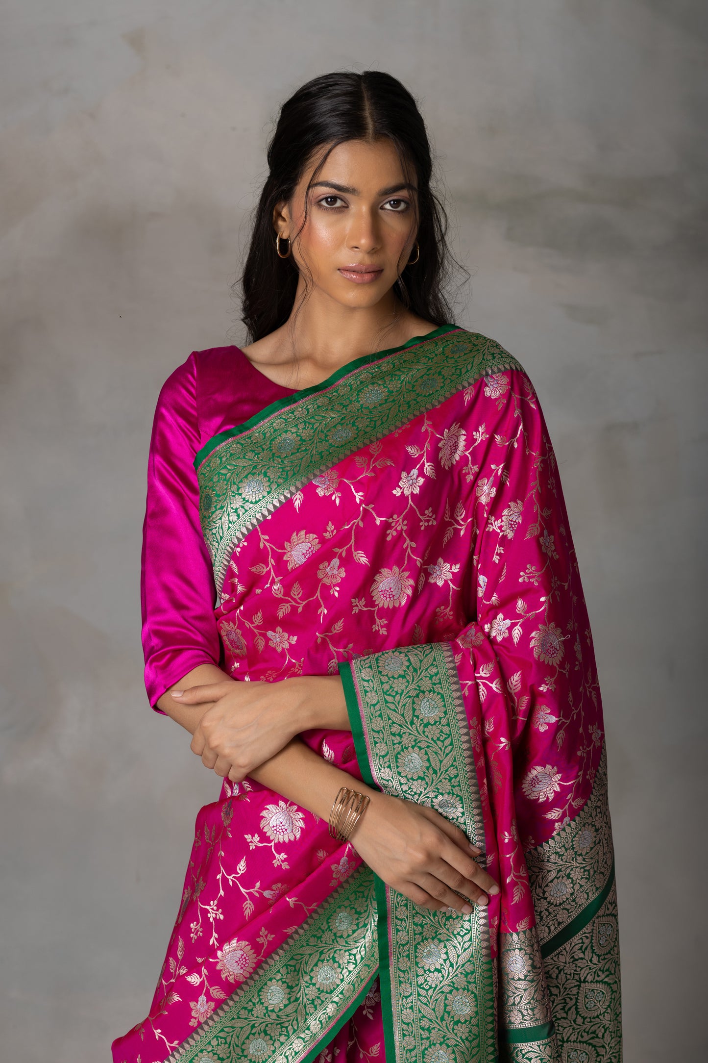 Rani Pink Banarasi Silk Saree with Bottle Green Border & Zari Work