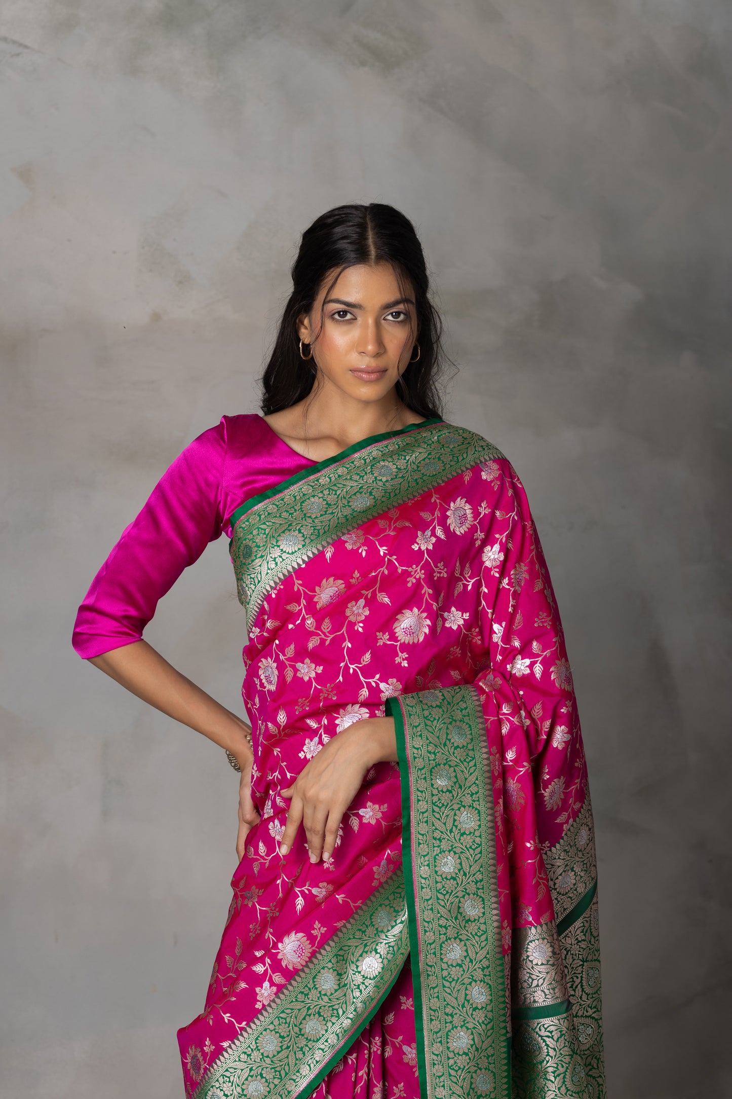 Rani Pink Banarasi Silk Saree with Bottle Green Border & Zari Work