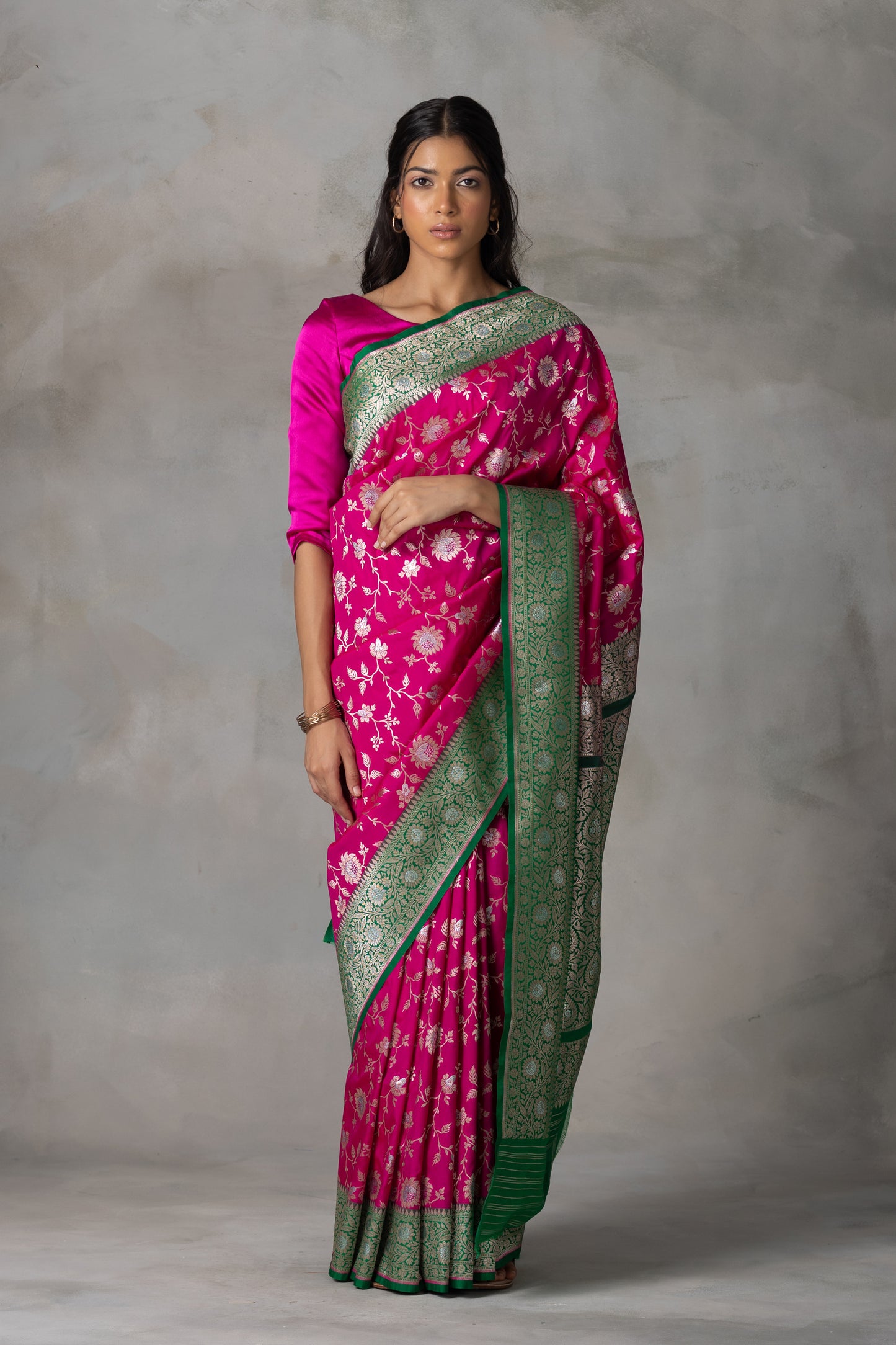 Rani Pink Banarasi Silk Saree with Bottle Green Border & Zari Work