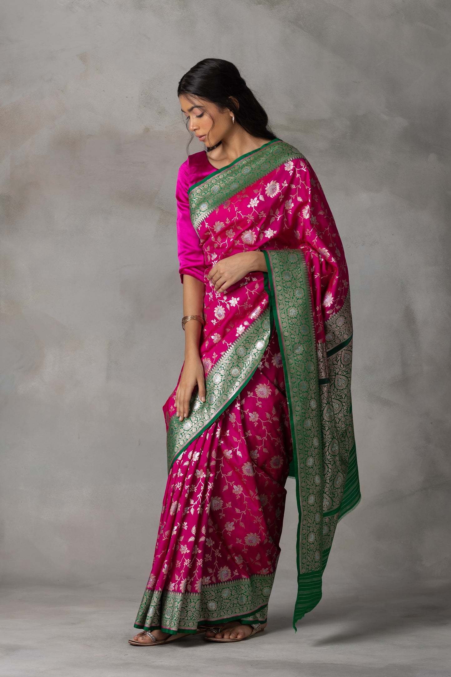 Rani Pink Banarasi Silk Saree with Bottle Green Border & Zari Work