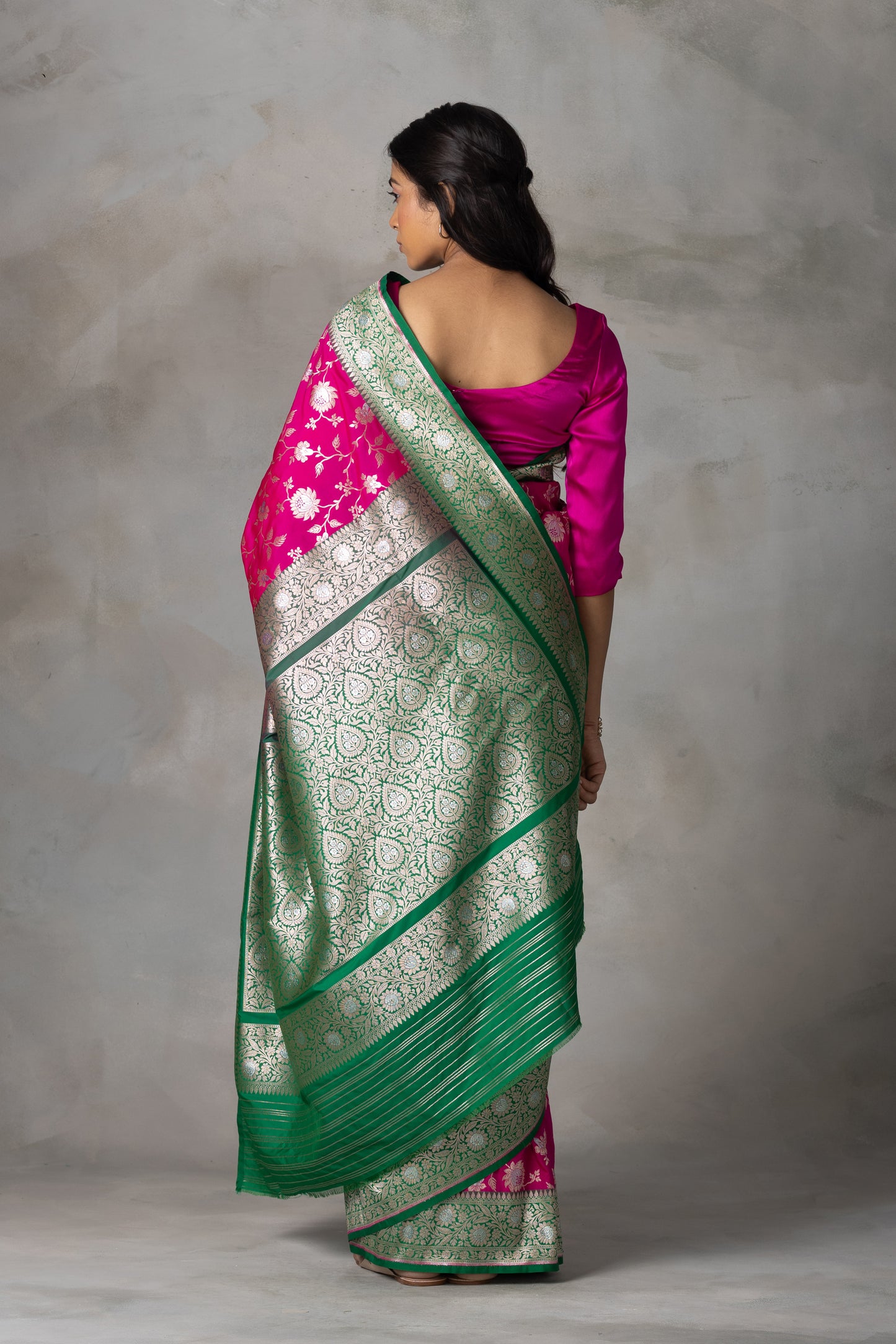 Rani Pink Banarasi Silk Saree with Bottle Green Border & Zari Work