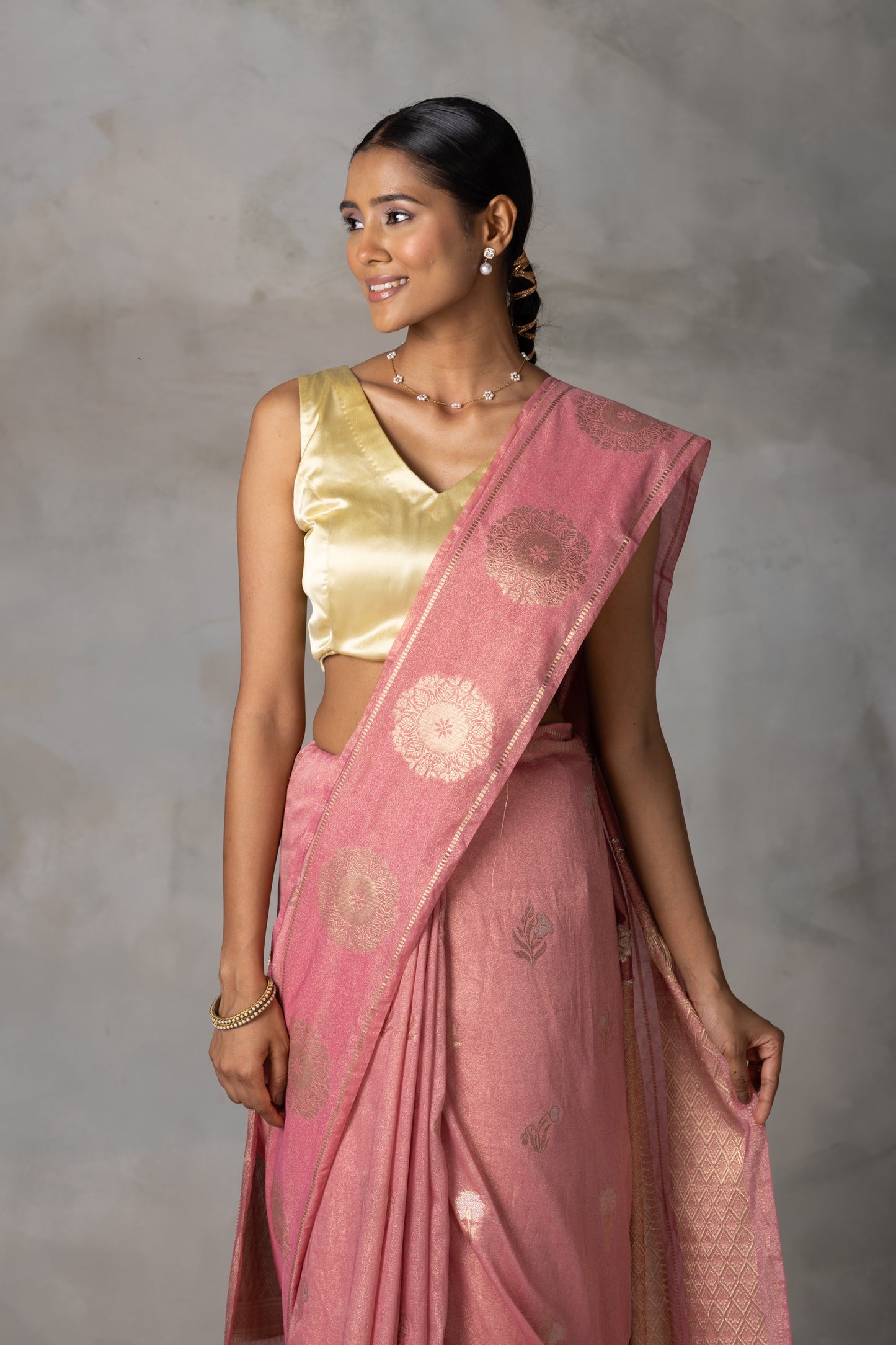 Blush Pink Tissue Banarasi Saree with Gold Zari Motifs