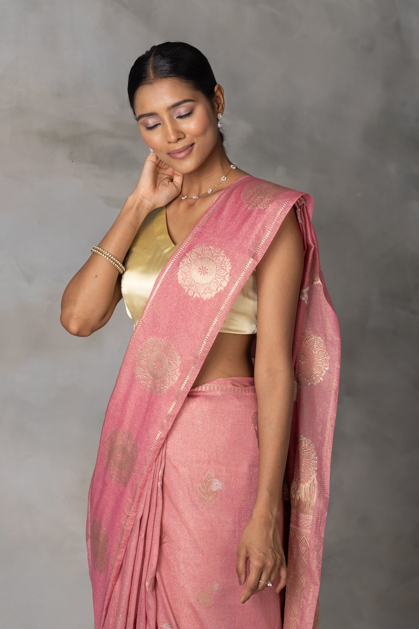 Blush Pink Tissue Banarasi Saree with Gold Zari Motifs
