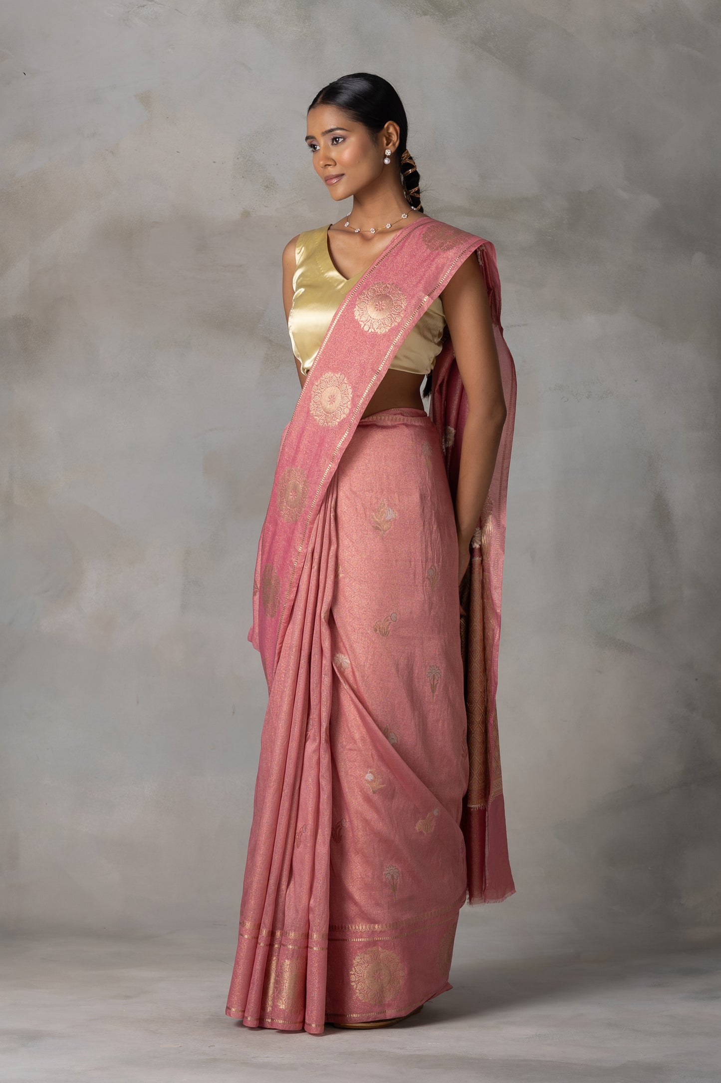 Blush Pink Tissue Banarasi Saree with Gold Zari Motifs