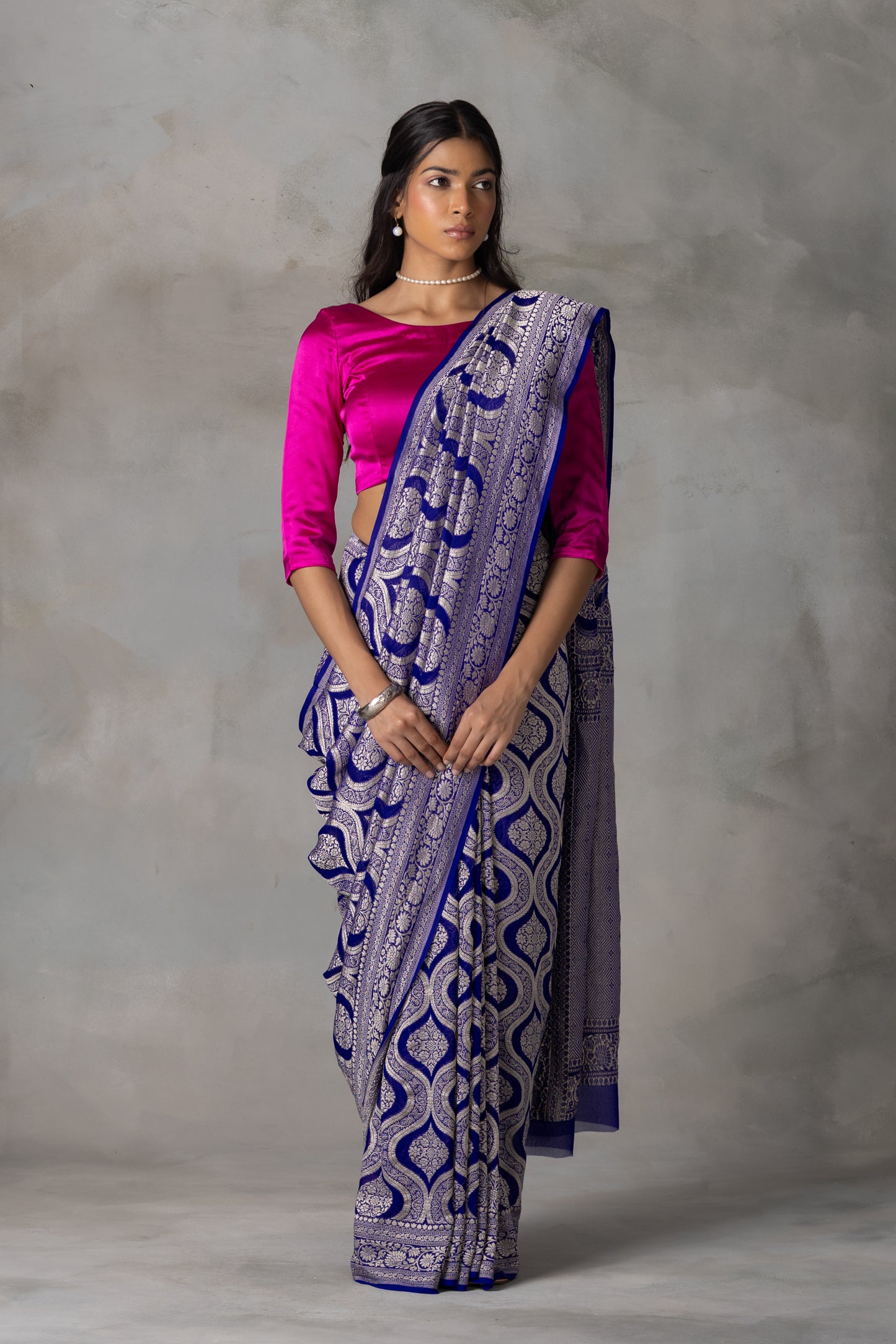 Royal Blue Banarasi Georgette (Chiffon) Saree with Golden Zari Weaving