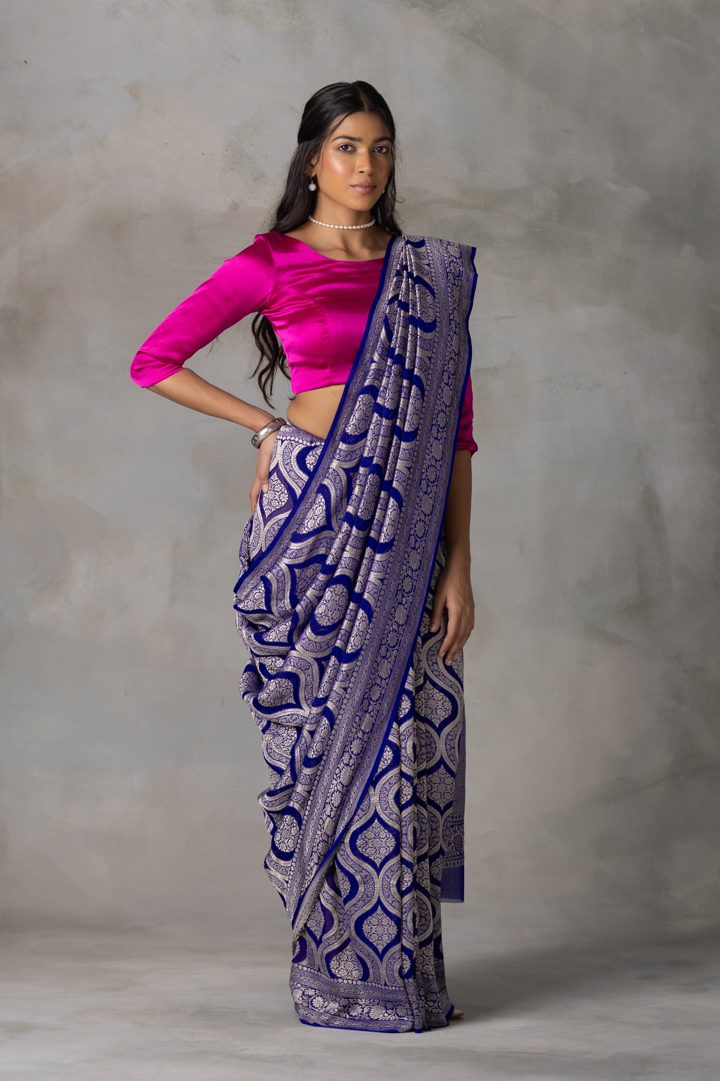 Royal Blue Banarasi Georgette (Chiffon) Saree with Golden Zari Weaving