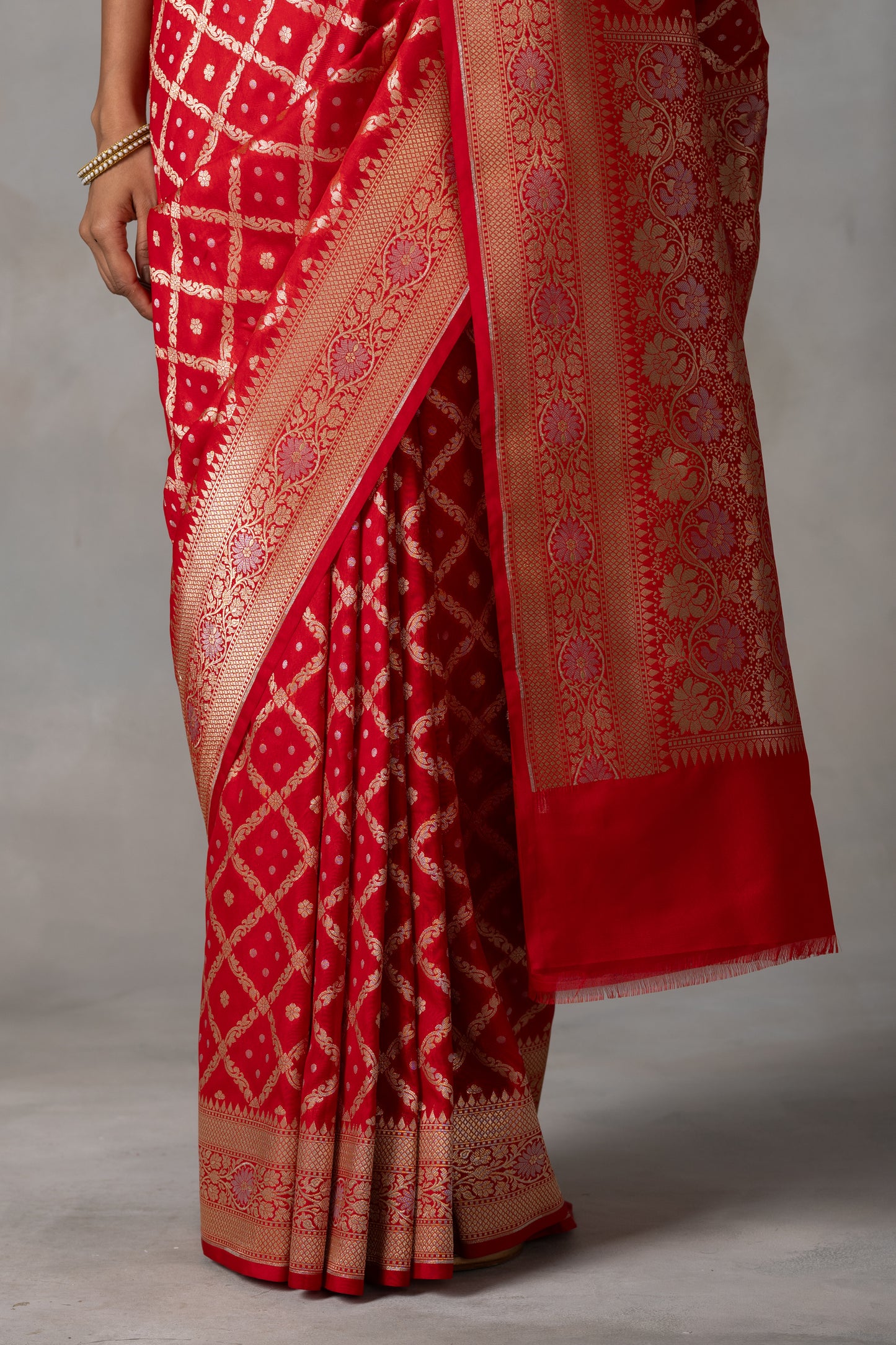 Classic Red Banarasi Silk Saree with Gold Zari Checks