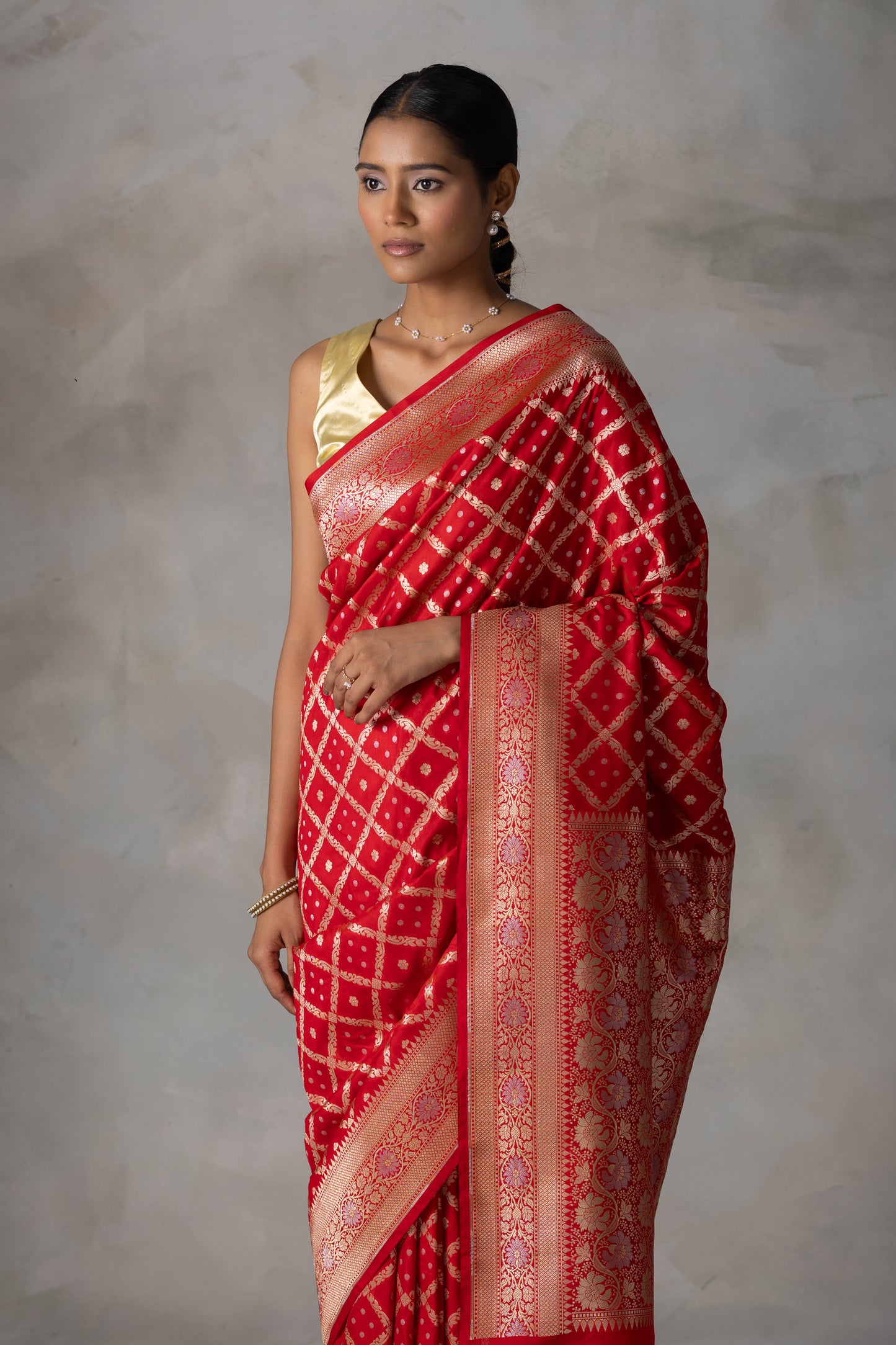Classic Red Banarasi Silk Saree with Gold Zari Checks