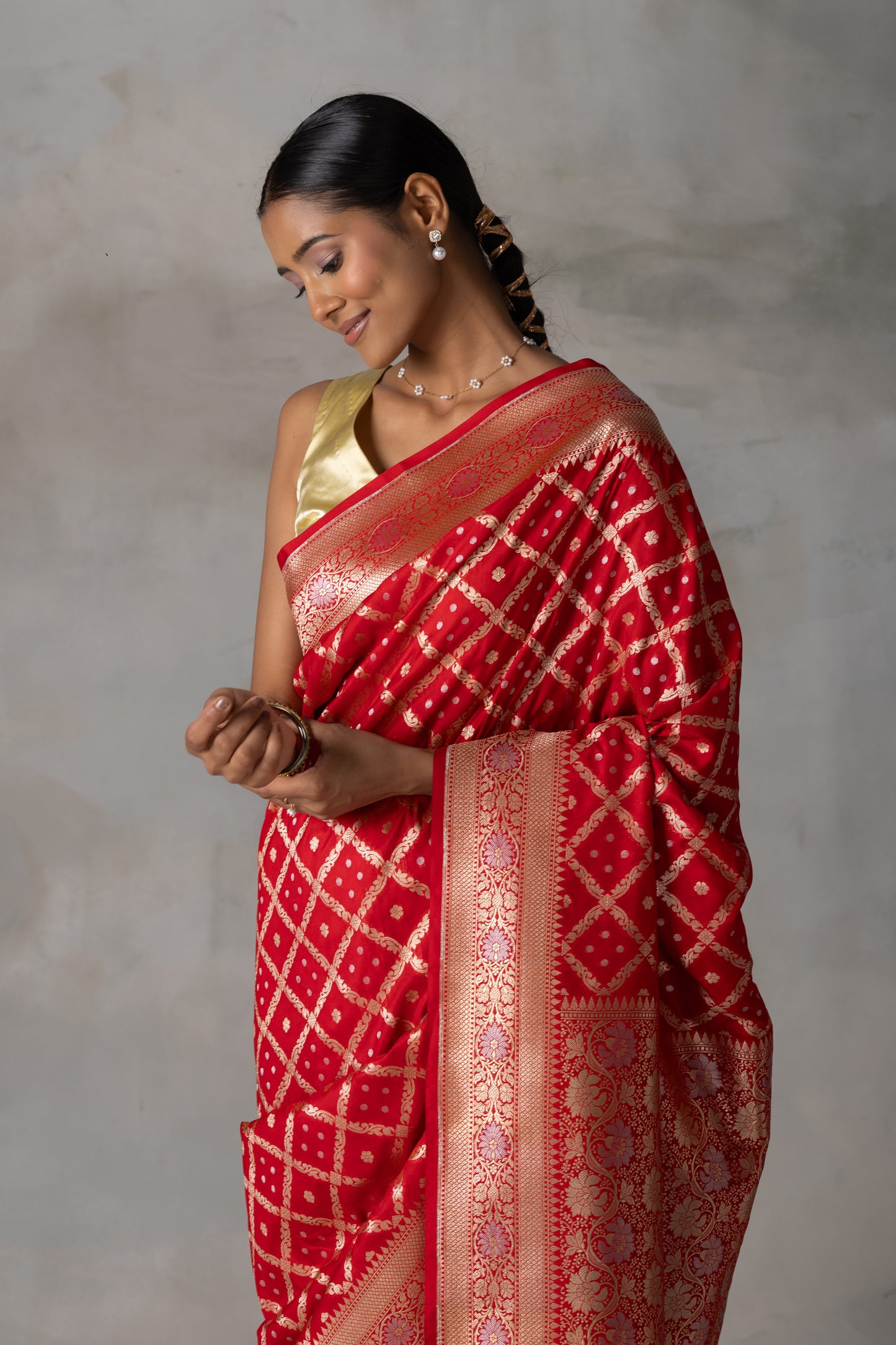 Classic Red Banarasi Silk Saree with Gold Zari Checks