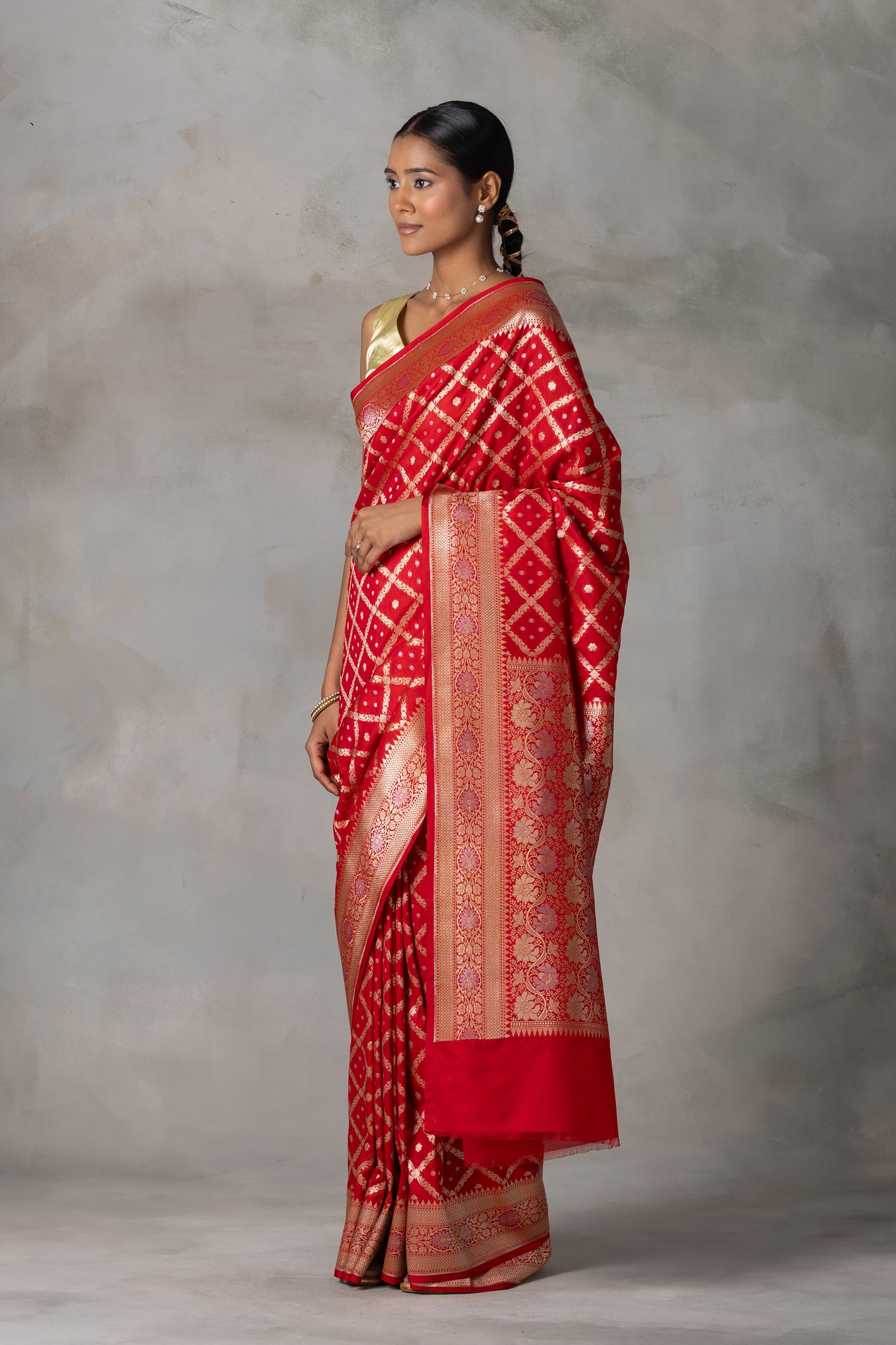 Classic Red Banarasi Silk Saree with Gold Zari Checks
