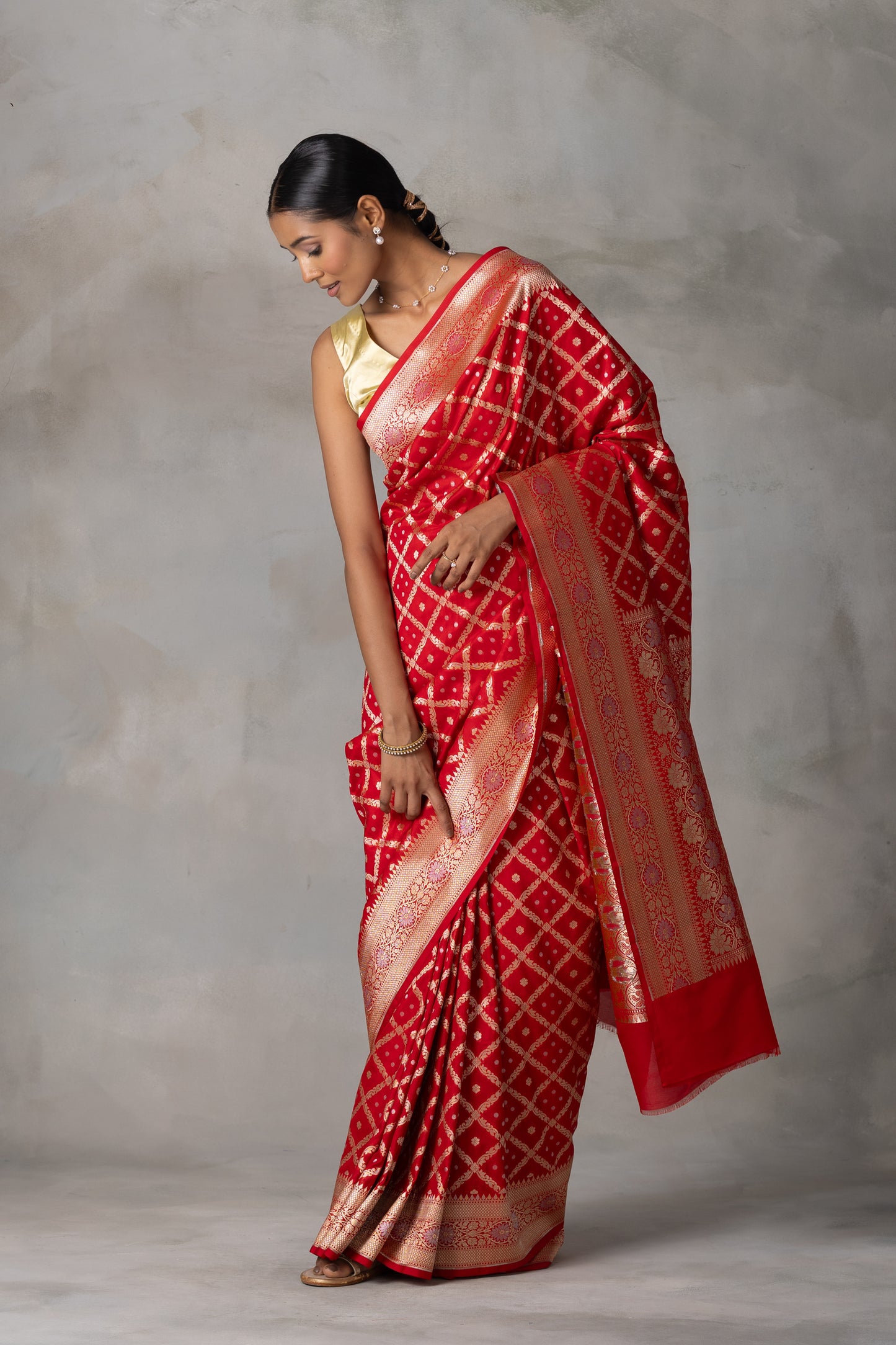 Classic Red Banarasi Silk Saree with Gold Zari Checks