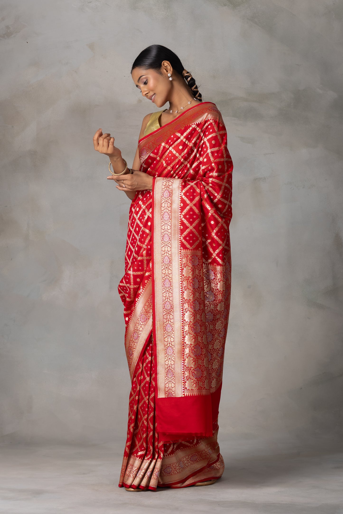 Classic Red Banarasi Silk Saree with Gold Zari Checks