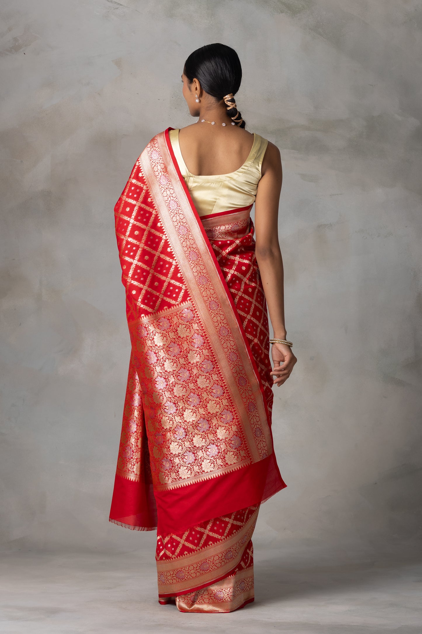 Classic Red Banarasi Silk Saree with Gold Zari Checks