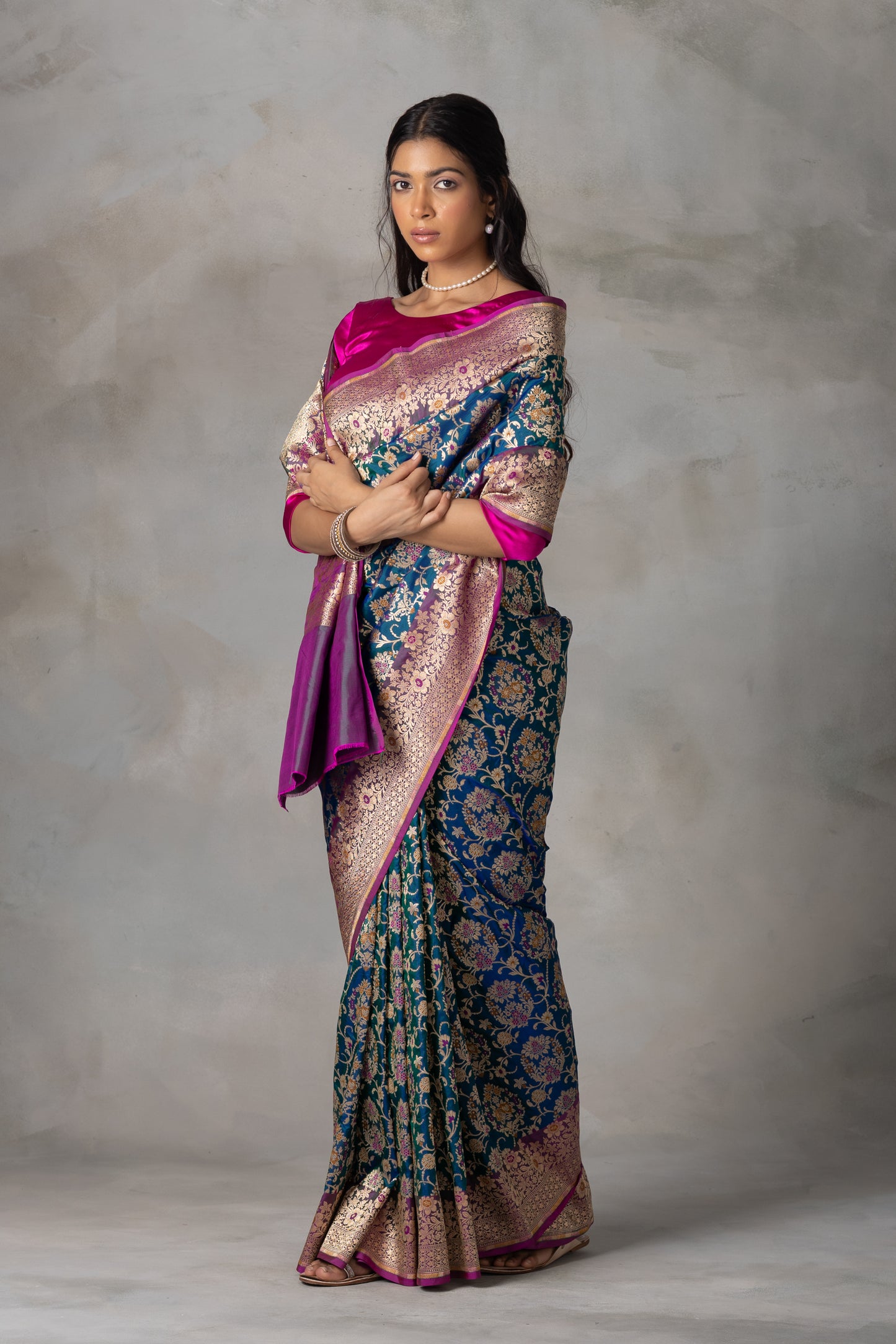 Navy Blue Banarasi Silk Saree with Multicolor Floral Zari and Pink Border