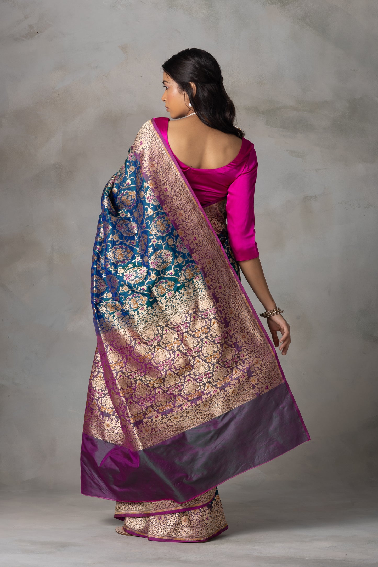 Navy Blue Banarasi Silk Saree with Multicolor Floral Zari and Pink Border