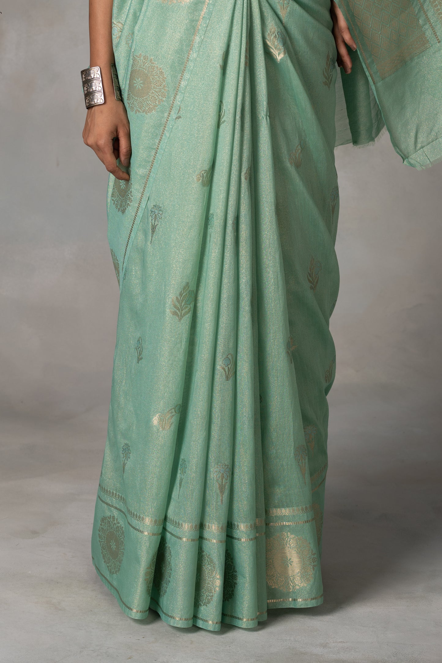 Mint Green Tissue Banarasi Silk Saree with Gold & Silver Zari Work