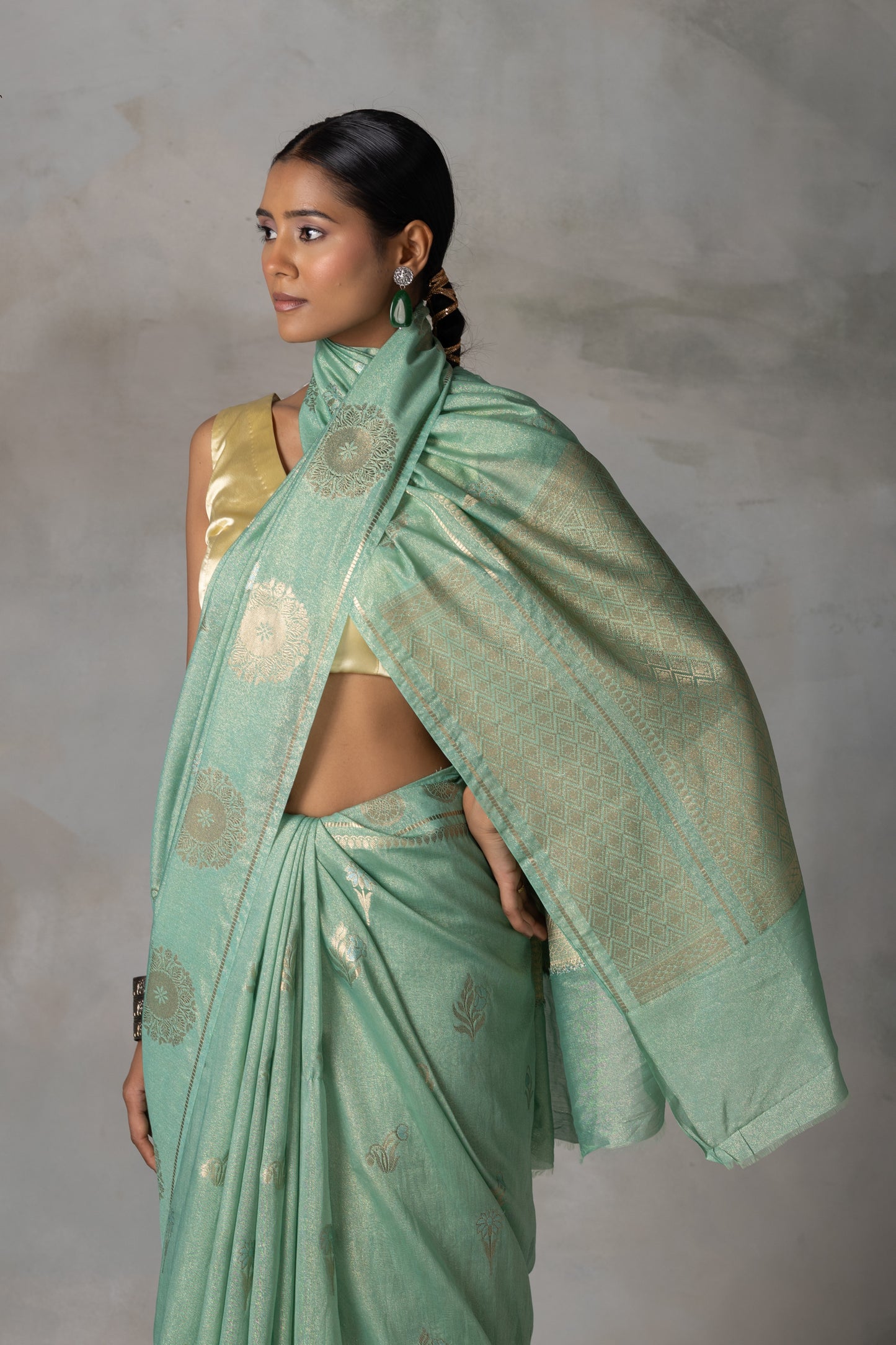 Mint Green Tissue Banarasi Silk Saree with Gold & Silver Zari Work