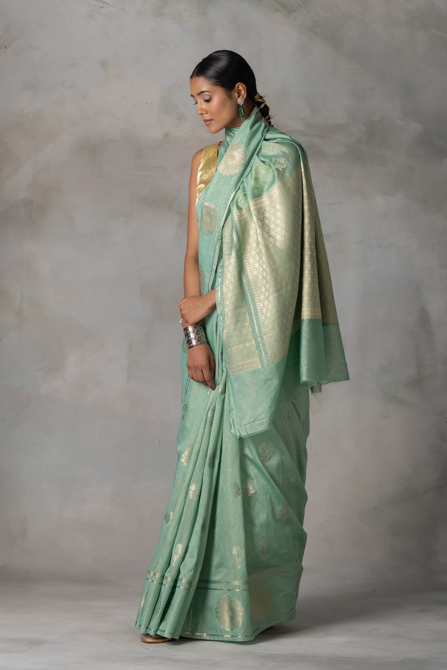 Mint Green Tissue Banarasi Silk Saree with Gold & Silver Zari Work