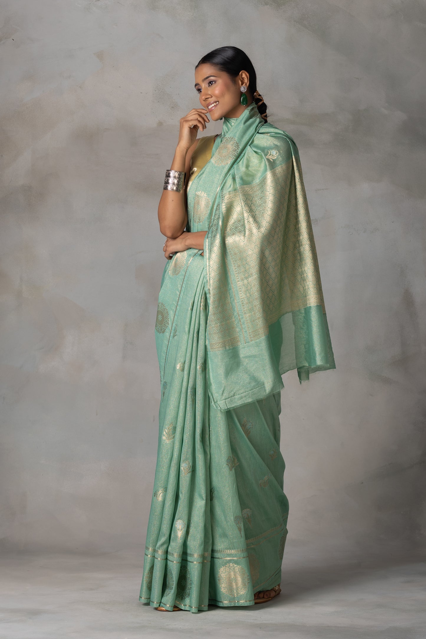 Mint Green Tissue Banarasi Silk Saree with Gold & Silver Zari Work