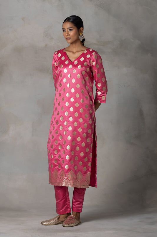 Rani Pink Banarasi Silk Suit Set with Golden Zari Weaving